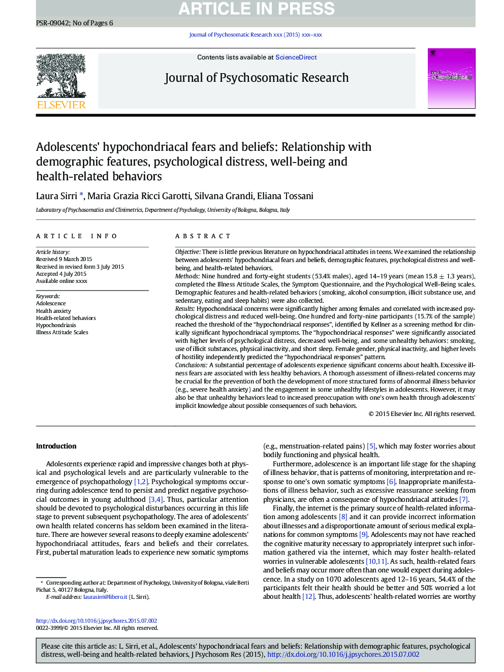 Adolescents' hypochondriacal fears and beliefs: Relationship with demographic features, psychological distress, well-being and health-related behaviors