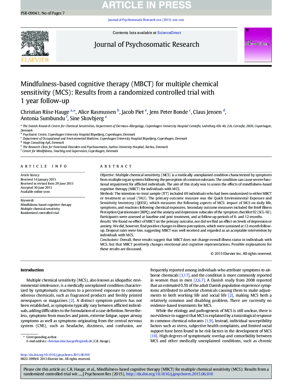 Mindfulness-based cognitive therapy (MBCT) for multiple chemical sensitivity (MCS): Results from a randomized controlled trial with 1Â year follow-up