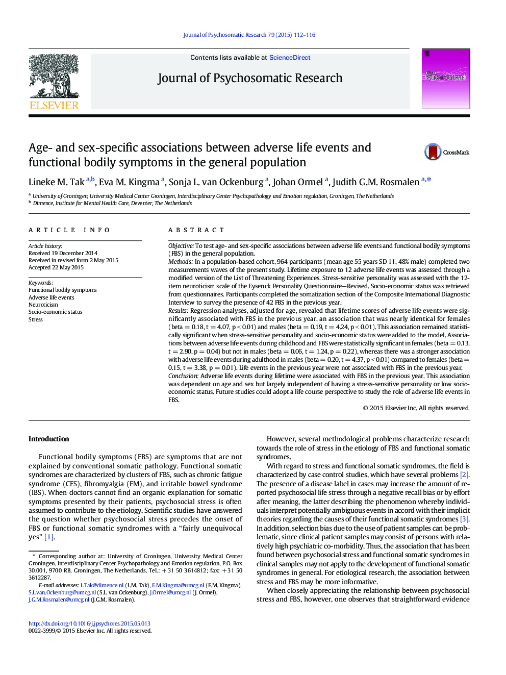 Age- and sex-specific associations between adverse life events and functional bodily symptoms in the general population