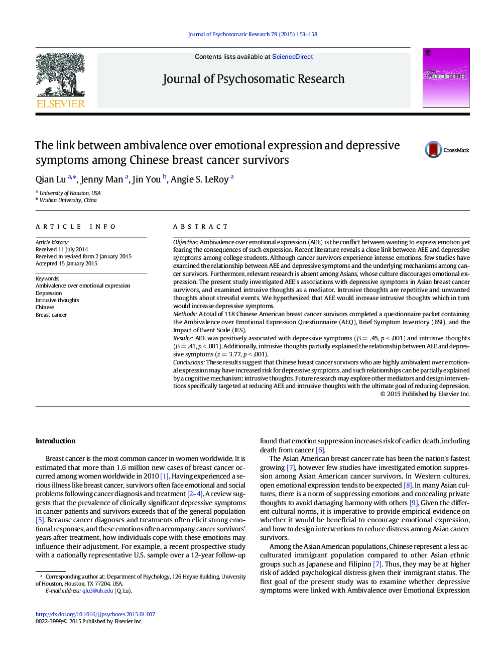 The link between ambivalence over emotional expression and depressive symptoms among Chinese breast cancer survivors