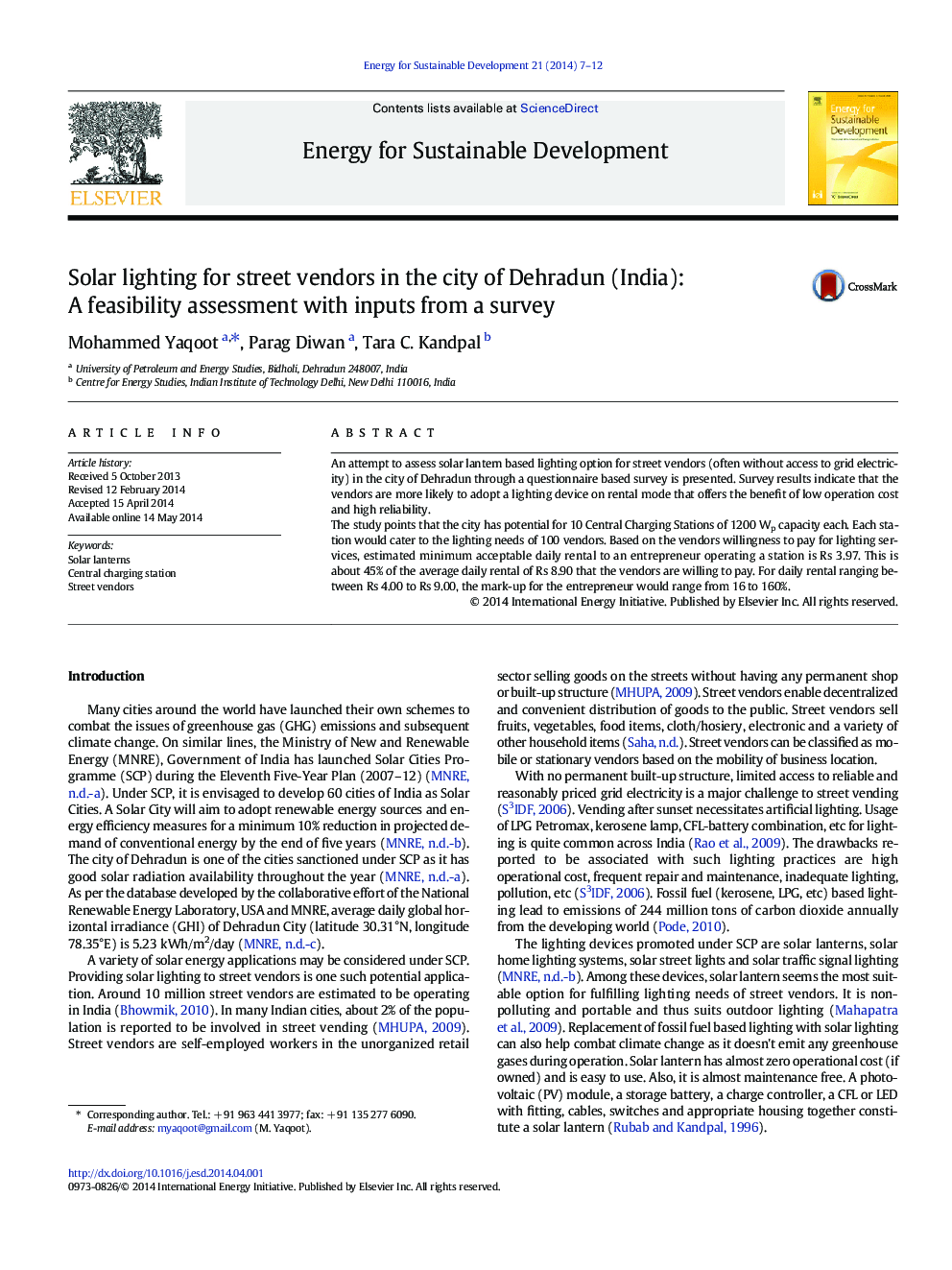 Solar lighting for street vendors in the city of Dehradun (India): A feasibility assessment with inputs from a survey