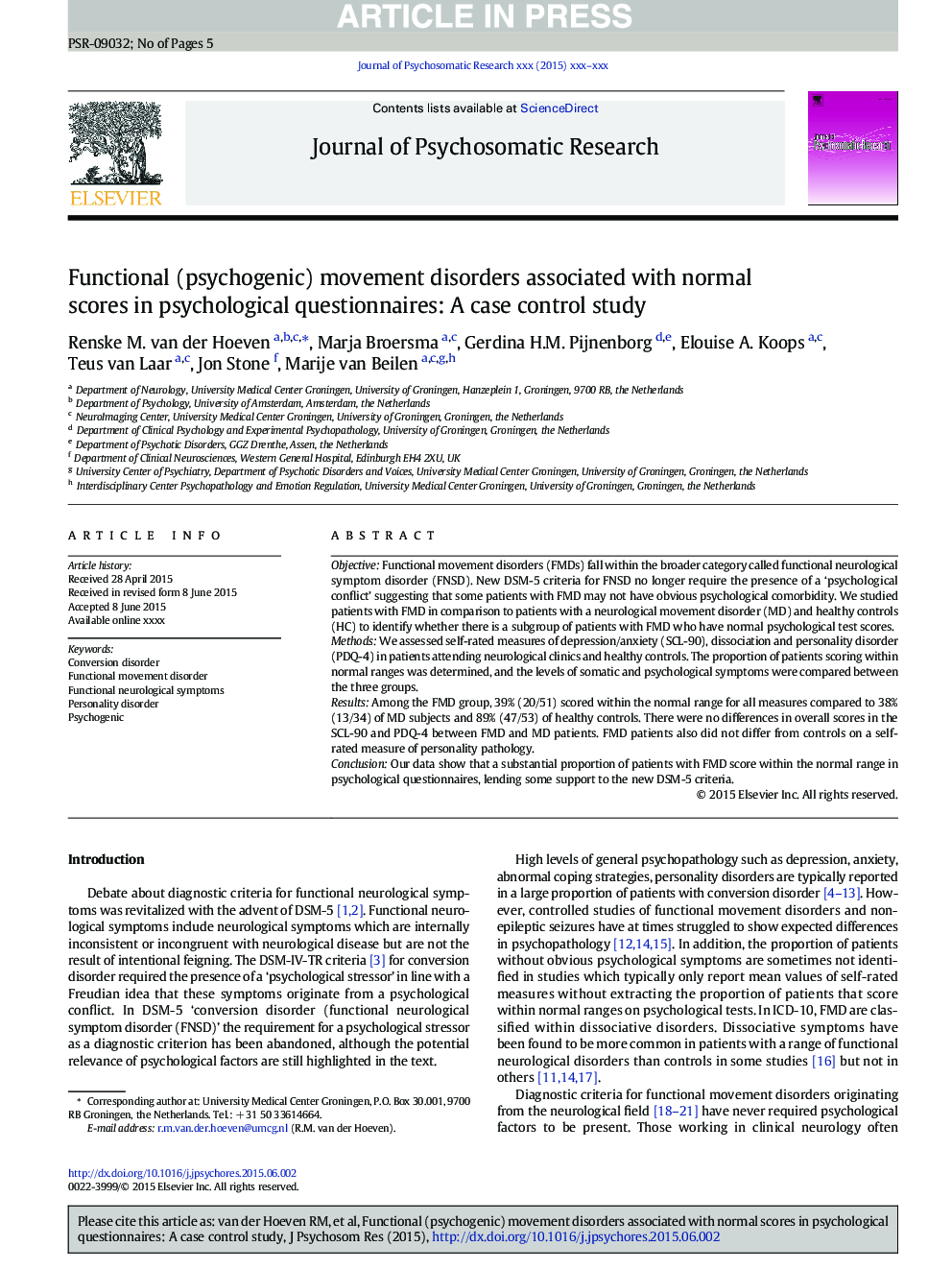 Functional (psychogenic) movement disorders associated with normal scores in psychological questionnaires: A case control study