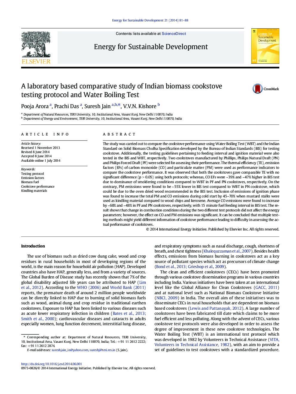 A laboratory based comparative study of Indian biomass cookstove testing protocol and Water Boiling Test