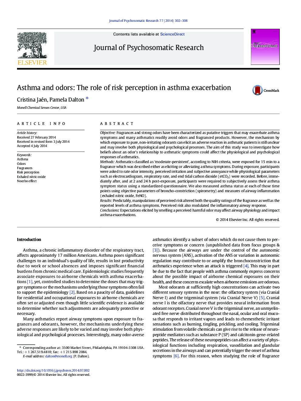 Asthma and odors: The role of risk perception in asthma exacerbation