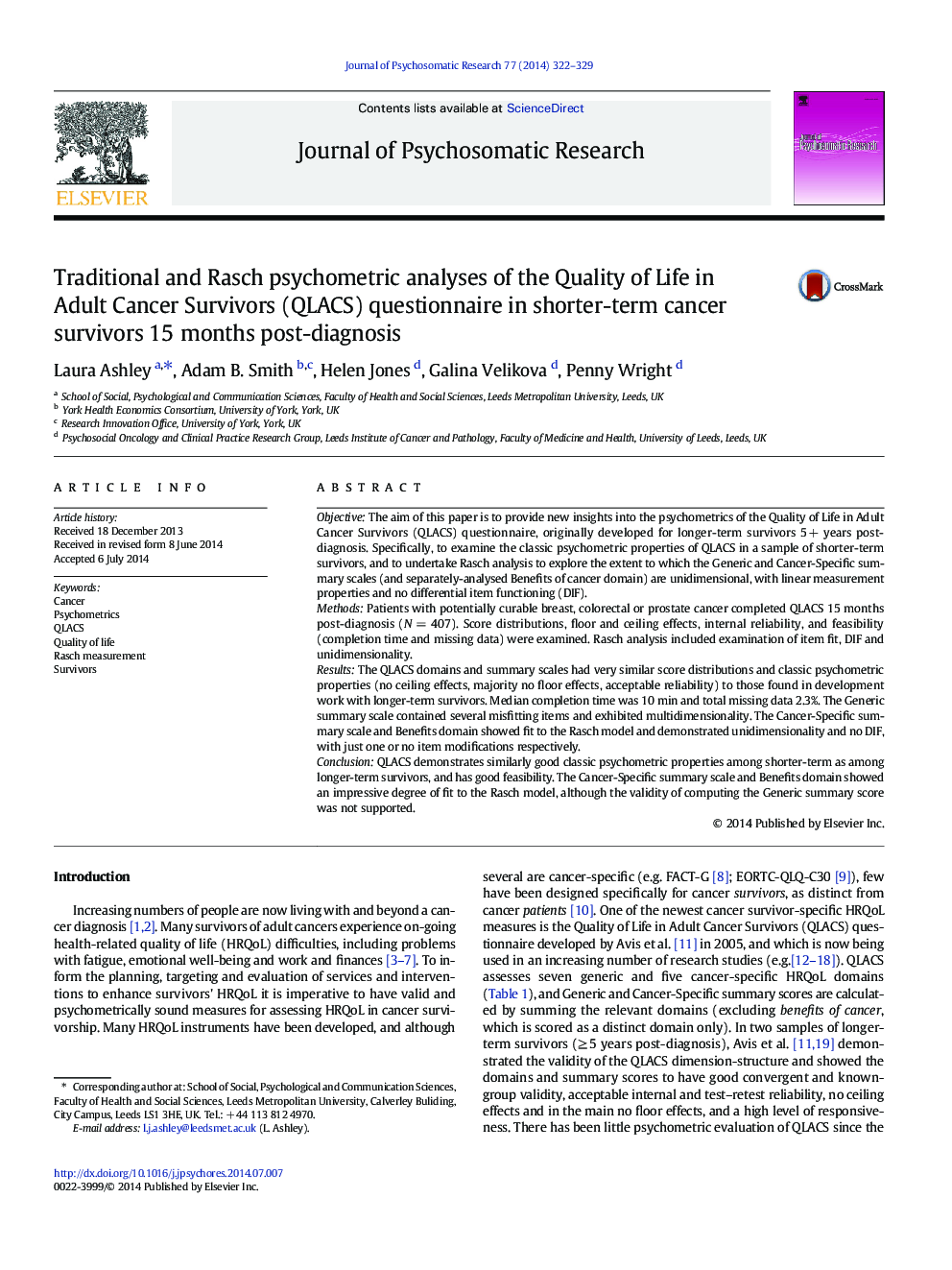 Traditional and Rasch psychometric analyses of the Quality of Life in Adult Cancer Survivors (QLACS) questionnaire in shorter-term cancer survivors 15Â months post-diagnosis