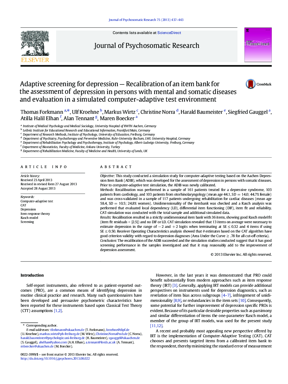 Adaptive screening for depression - Recalibration of an item bank for the assessment of depression in persons with mental and somatic diseases and evaluation in a simulated computer-adaptive test environment