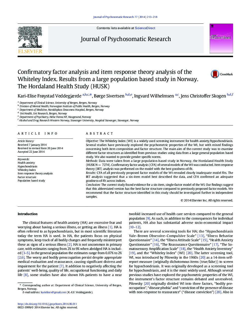 Confirmatory factor analysis and item response theory analysis of the Whiteley Index. Results from a large population based study in Norway. The Hordaland Health Study (HUSK)