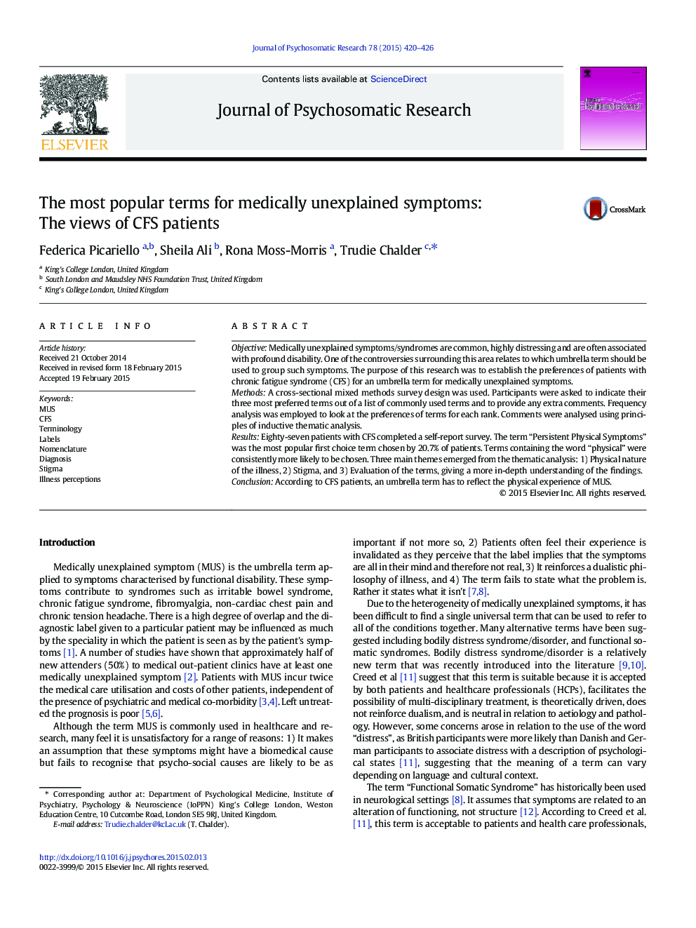 The most popular terms for medically unexplained symptoms: The views of CFS patients