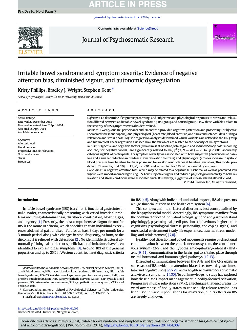 Irritable bowel syndrome and symptom severity: Evidence of negative attention bias, diminished vigour, and autonomic dysregulation