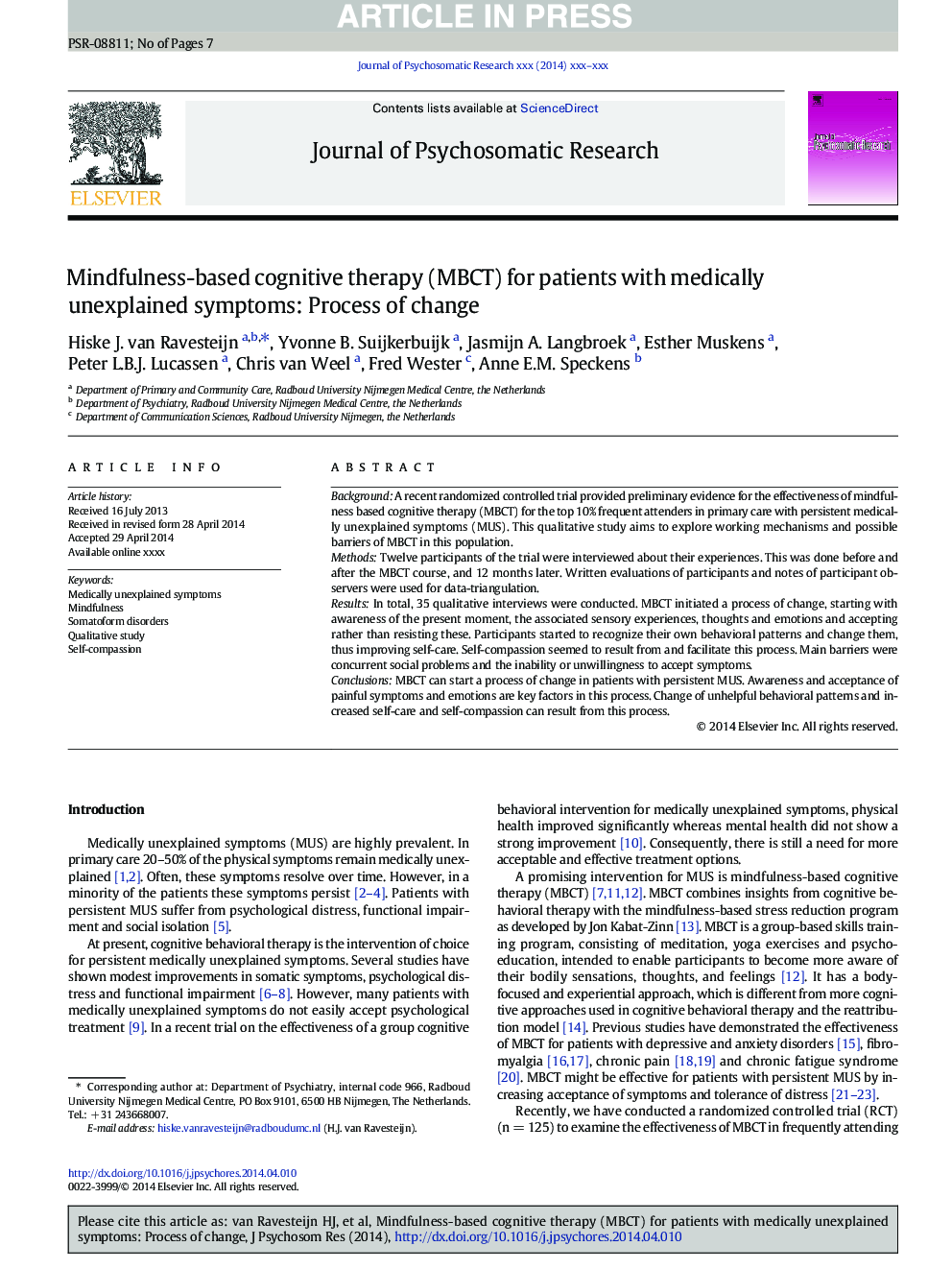 Mindfulness-based cognitive therapy (MBCT) for patients with medically unexplained symptoms: Process of change