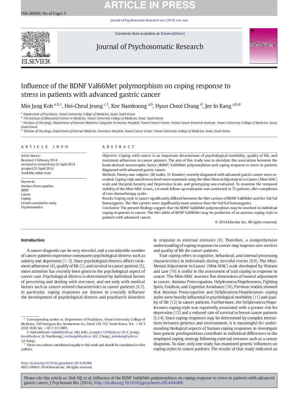 Influence of the BDNF Val66Met polymorphism on coping response to stress in patients with advanced gastric cancer