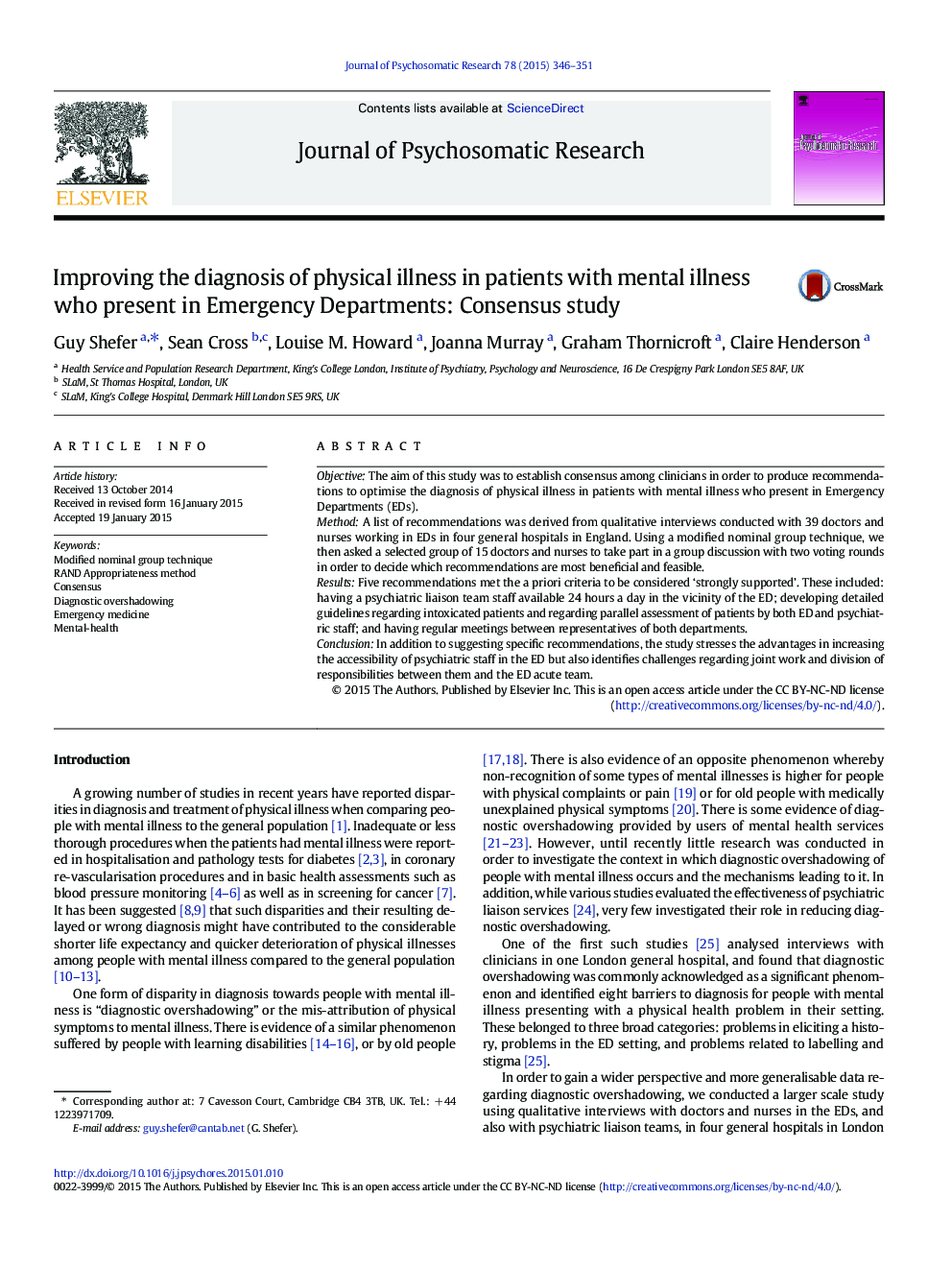 Improving the diagnosis of physical illness in patients with mental illness who present in Emergency Departments: Consensus study