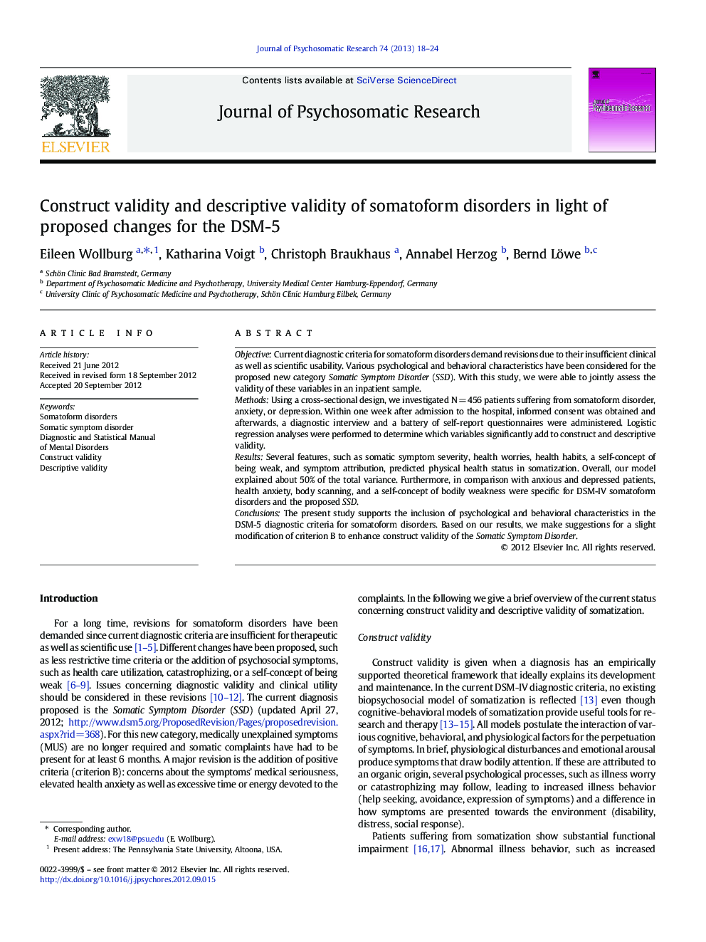 Construct validity and descriptive validity of somatoform disorders in light of proposed changes for the DSM-5