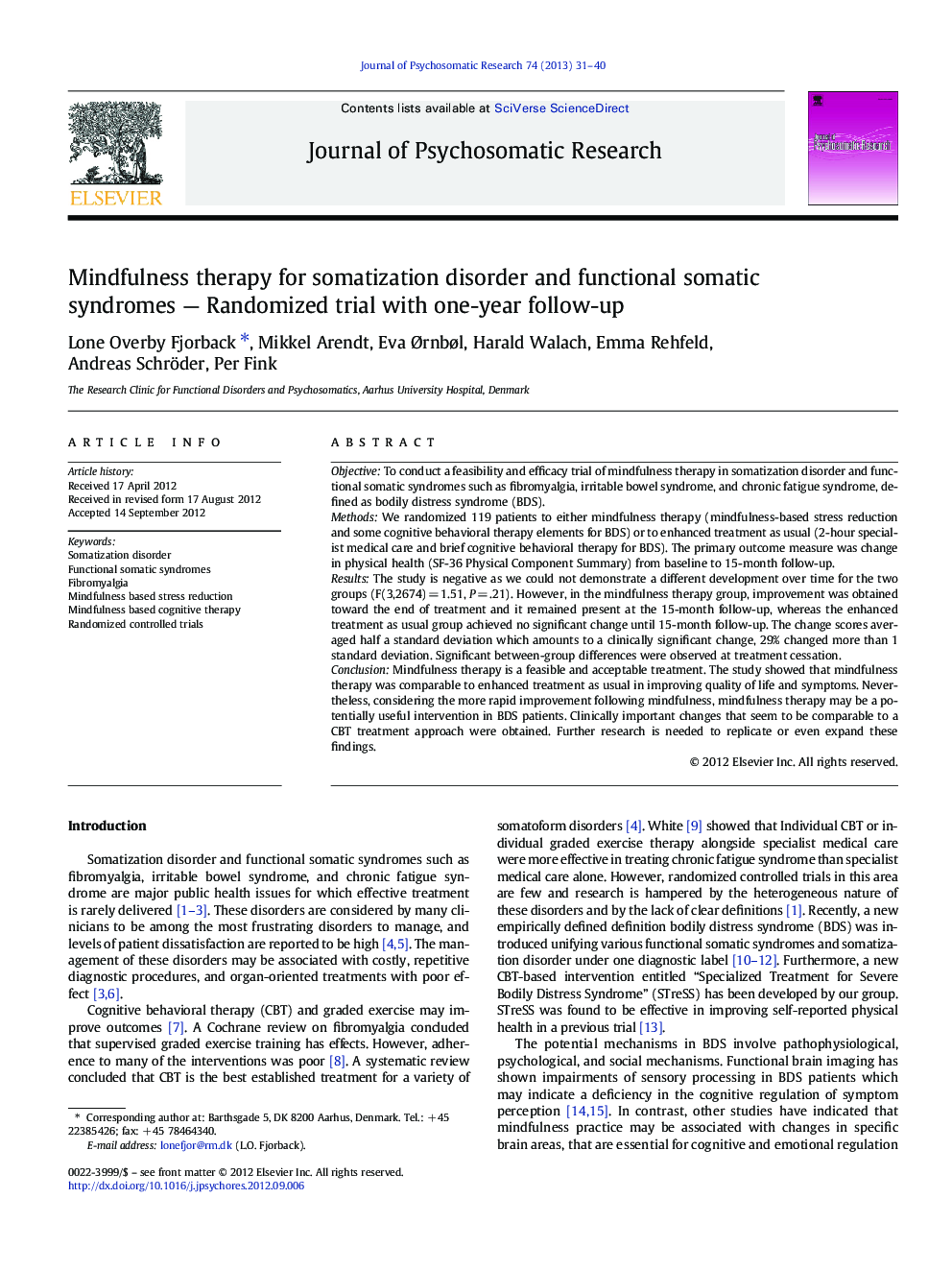 Mindfulness therapy for somatization disorder and functional somatic syndromes - Randomized trial with one-year follow-up