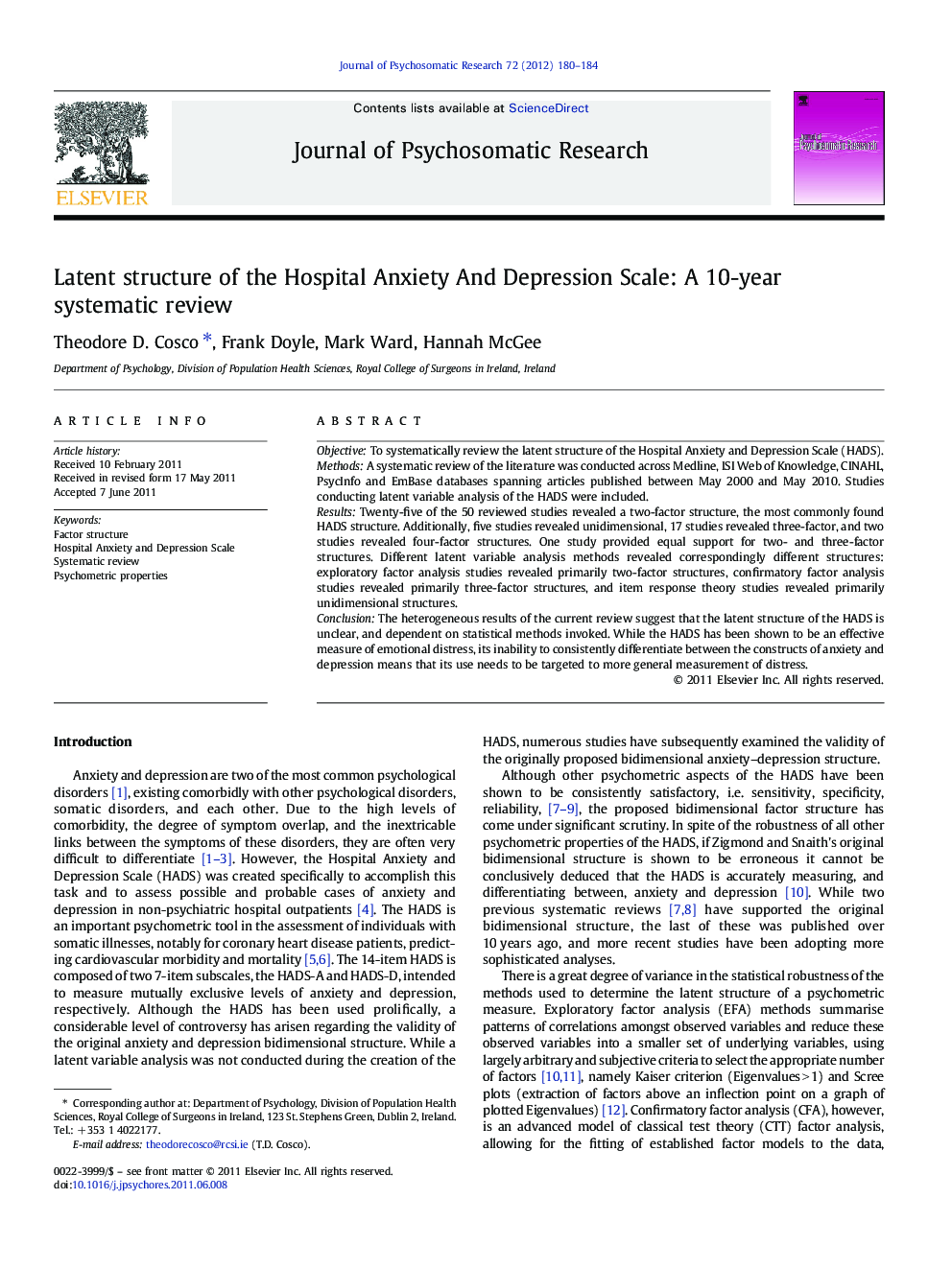 Latent structure of the Hospital Anxiety And Depression Scale: A 10-year systematic review