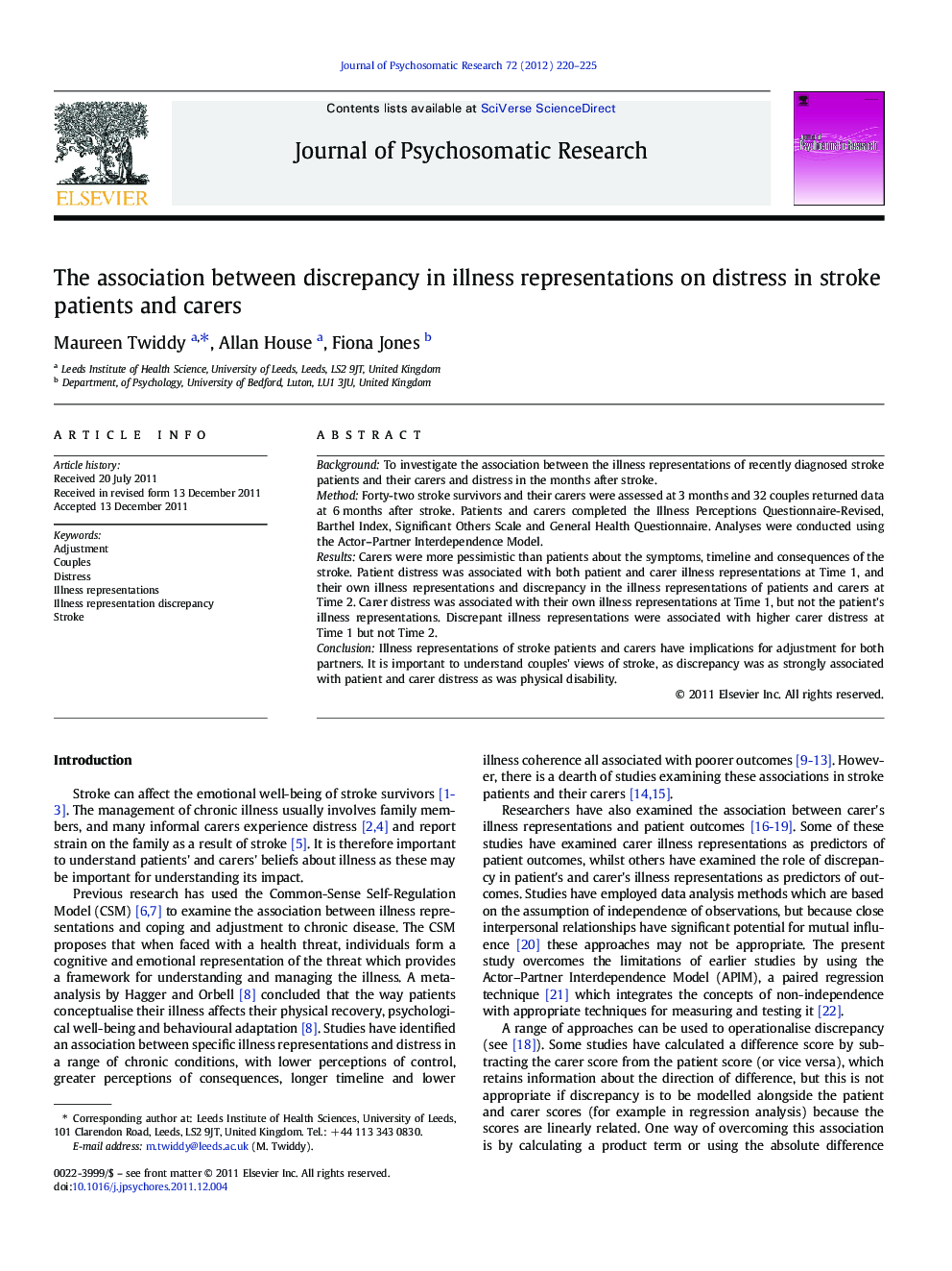 The association between discrepancy in illness representations on distress in stroke patients and carers