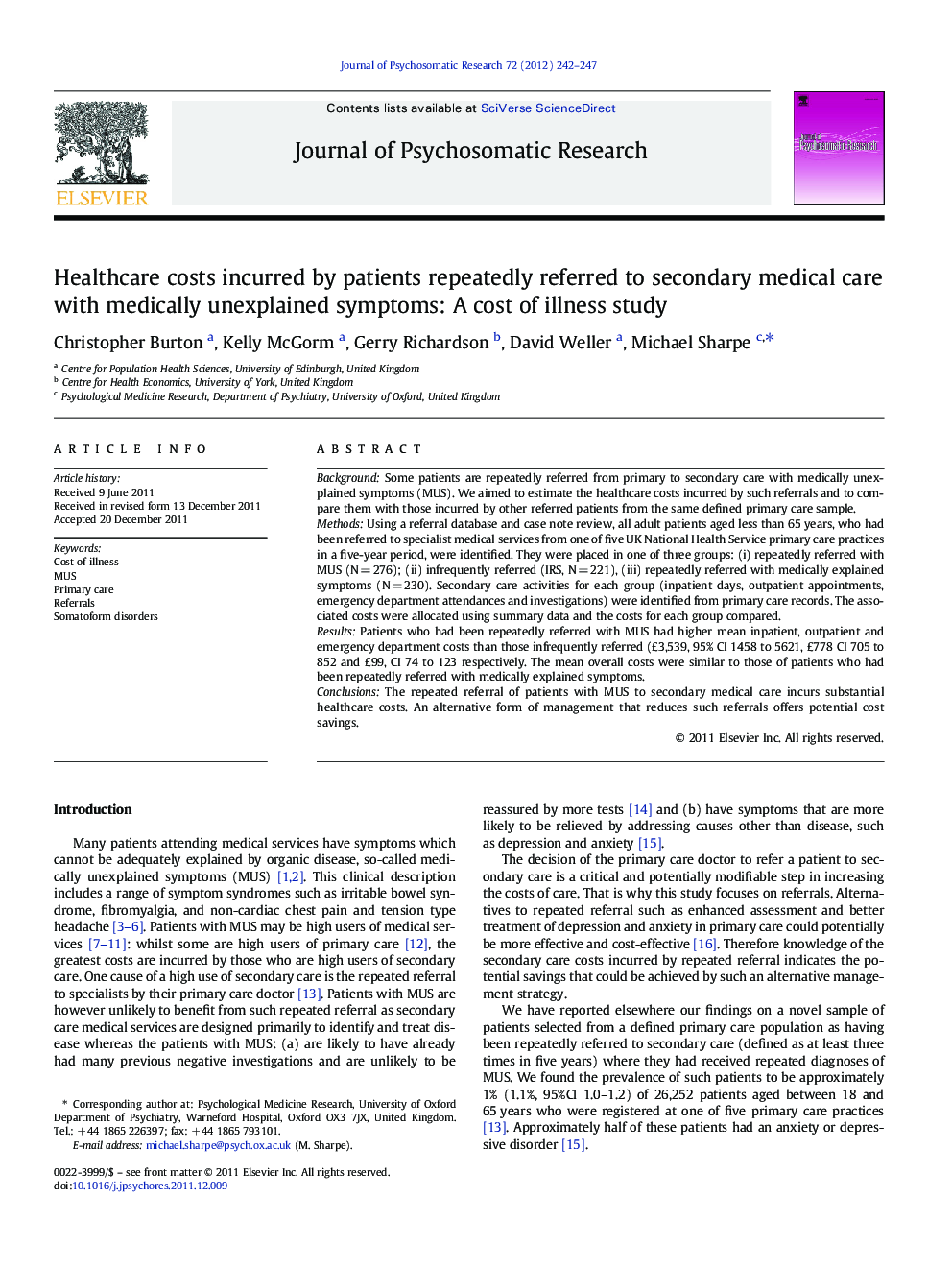 Healthcare costs incurred by patients repeatedly referred to secondary medical care with medically unexplained symptoms: A cost of illness study