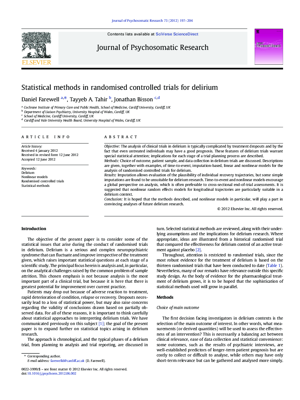 Statistical methods in randomised controlled trials for delirium