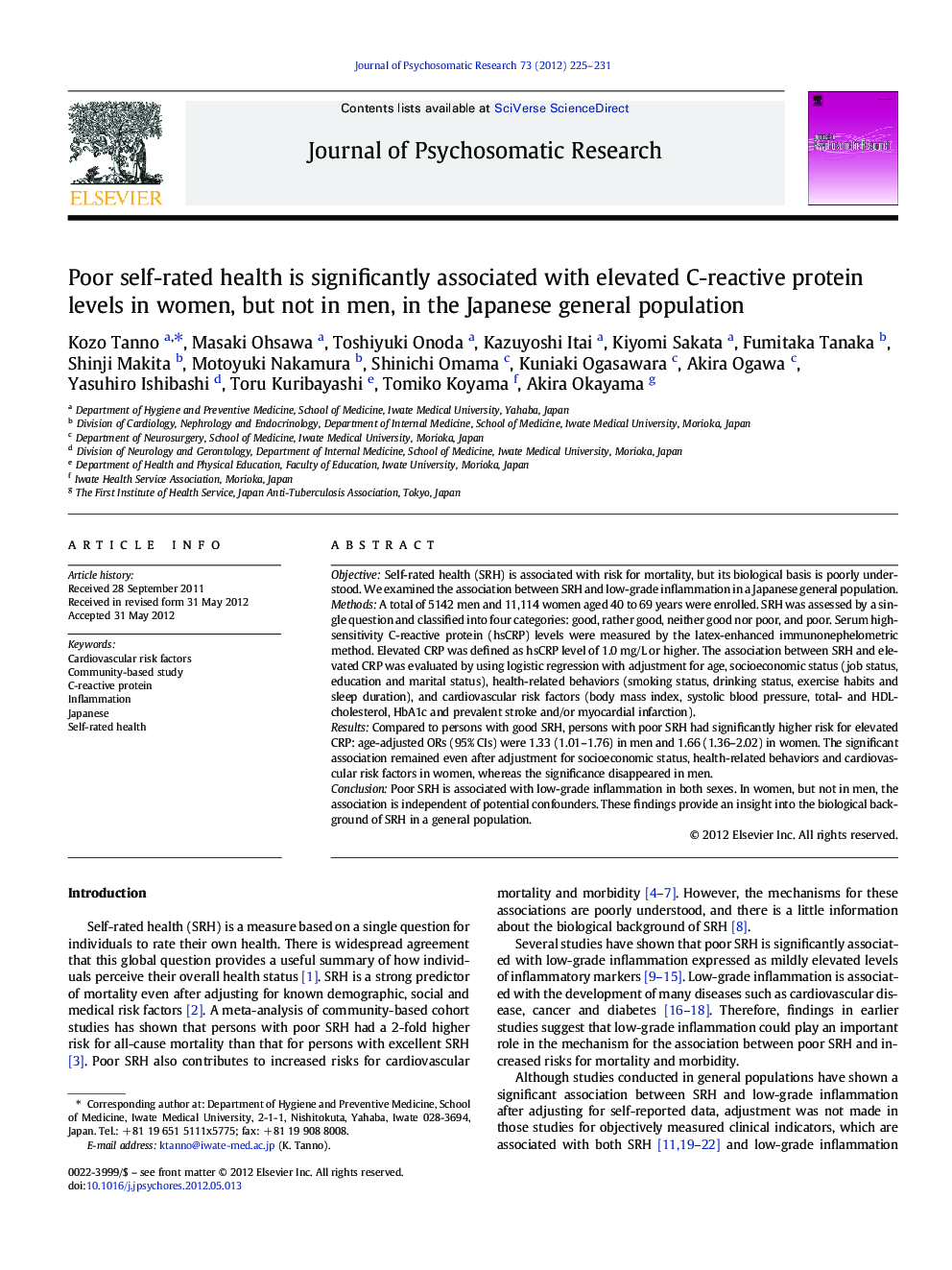 Poor self-rated health is significantly associated with elevated C-reactive protein levels in women, but not in men, in the Japanese general population