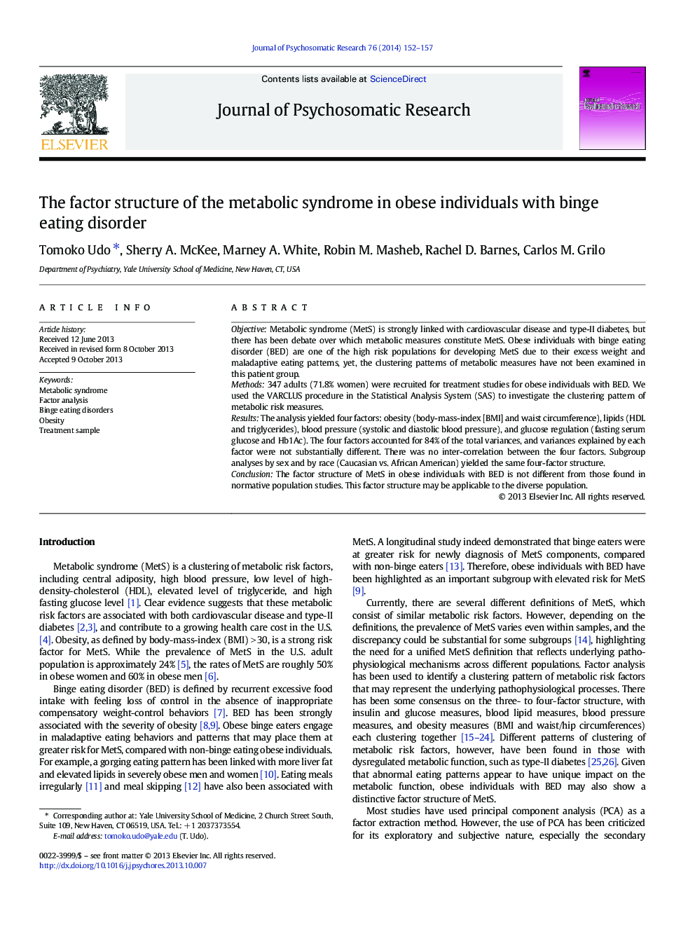 The factor structure of the metabolic syndrome in obese individuals with binge eating disorder