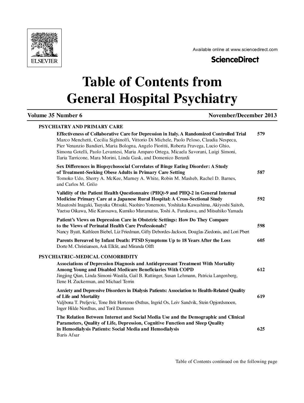 General Hospital Psychiatry Table of Contents
