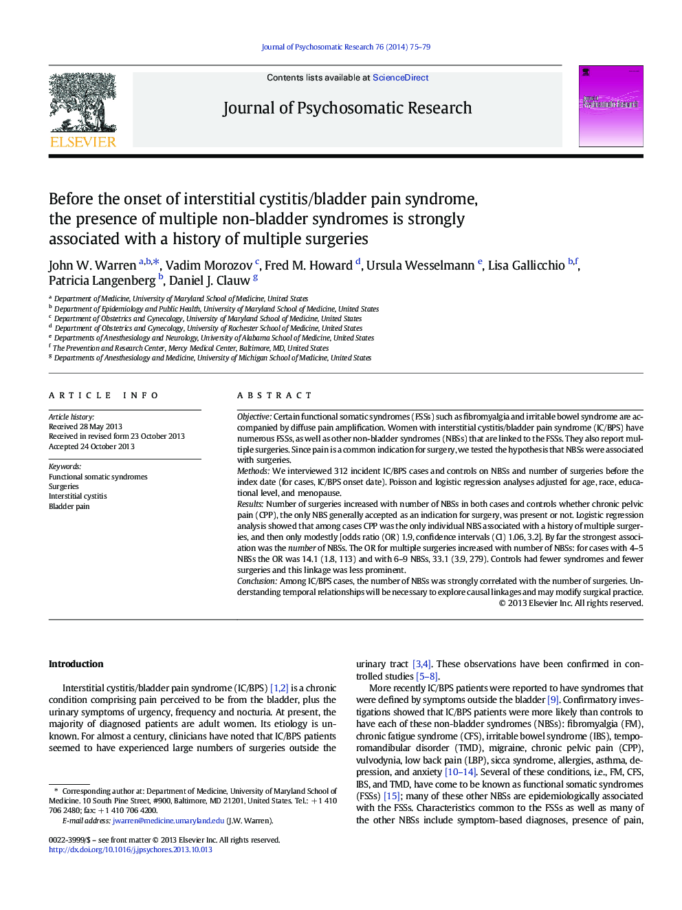 Before the onset of interstitial cystitis/bladder pain syndrome, the presence of multiple non-bladder syndromes is strongly associated with a history of multiple surgeries