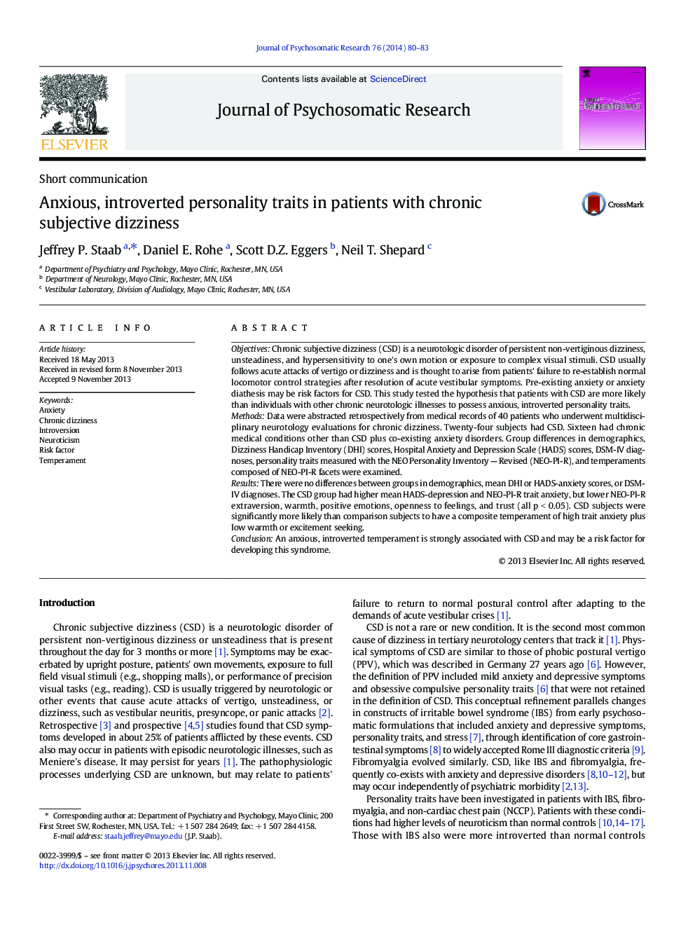 Anxious, introverted personality traits in patients with chronic subjective dizziness