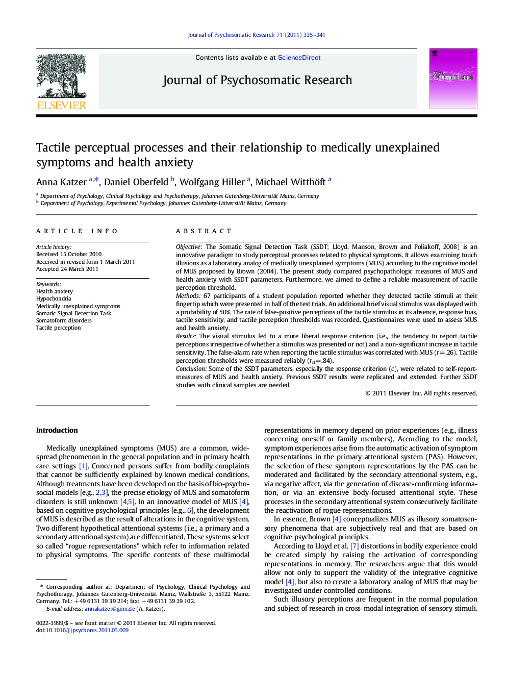 Tactile perceptual processes and their relationship to medically unexplained symptoms and health anxiety