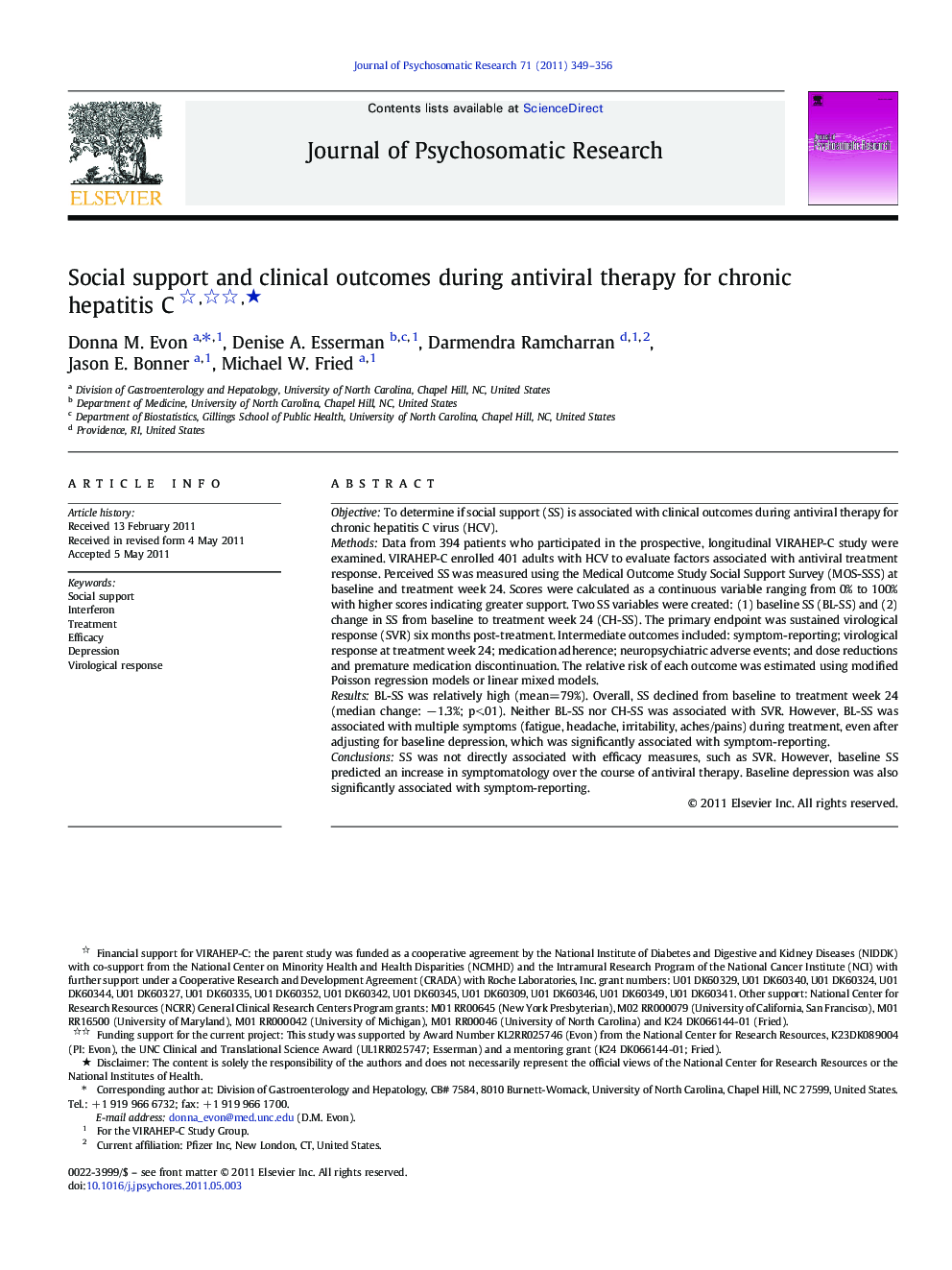 Social support and clinical outcomes during antiviral therapy for chronic hepatitis C