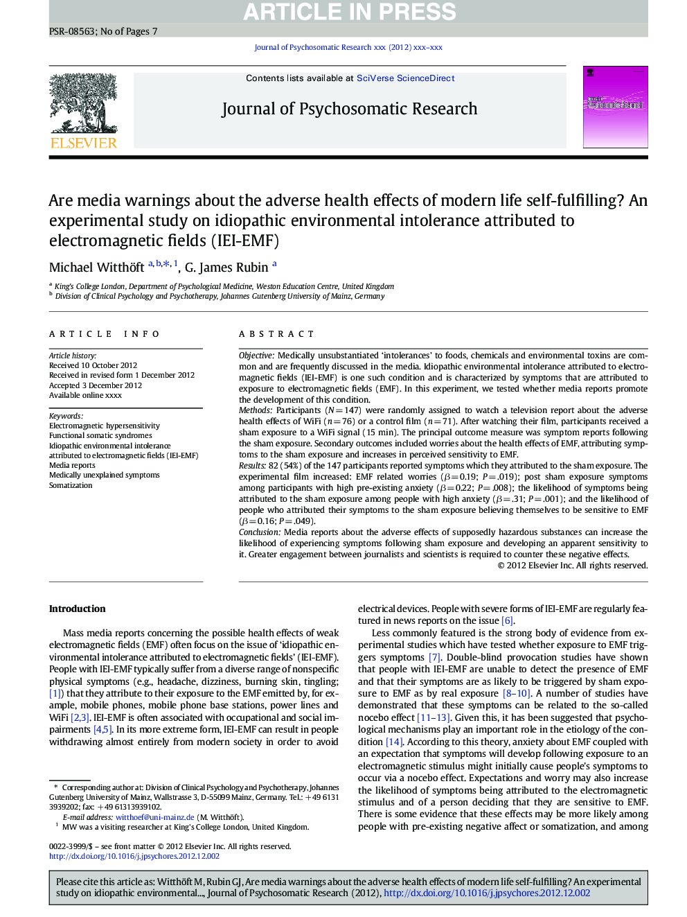 Are media warnings about the adverse health effects of modern life self-fulfilling? An experimental study on idiopathic environmental intolerance attributed to electromagnetic fields (IEI-EMF)