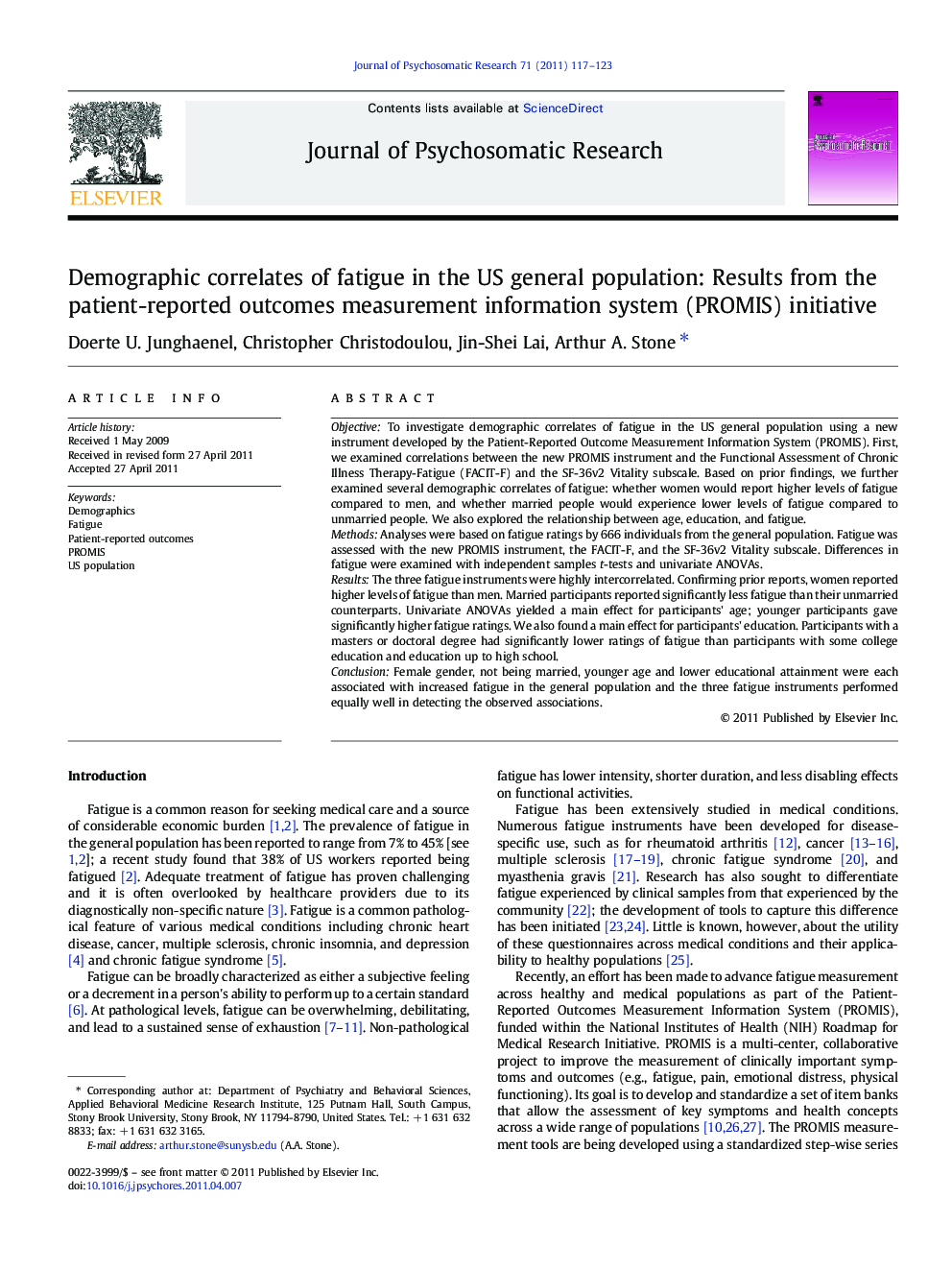 Demographic correlates of fatigue in the US general population: Results from the patient-reported outcomes measurement information system (PROMIS) initiative