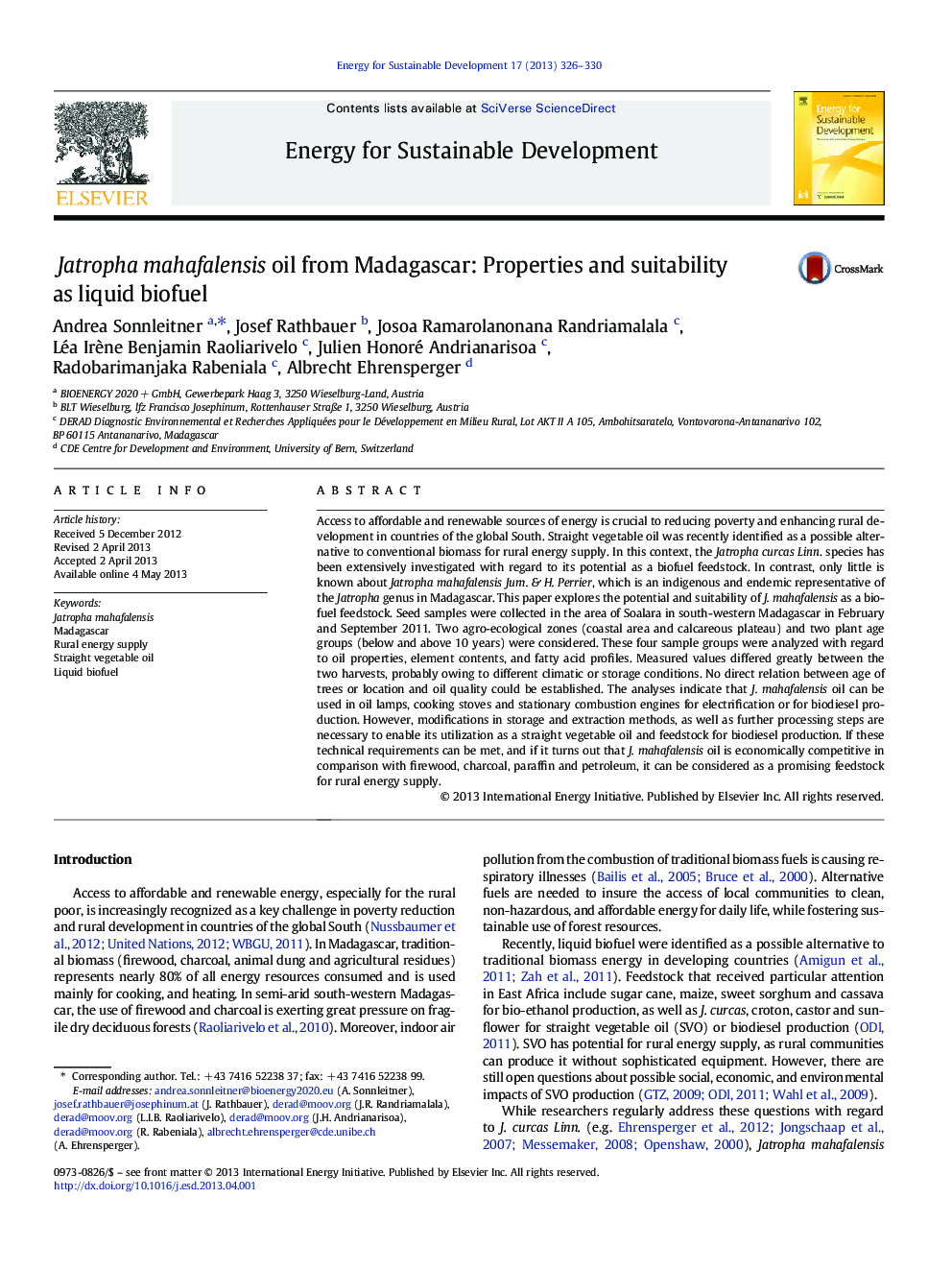 Jatropha mahafalensis oil from Madagascar: Properties and suitability as liquid biofuel