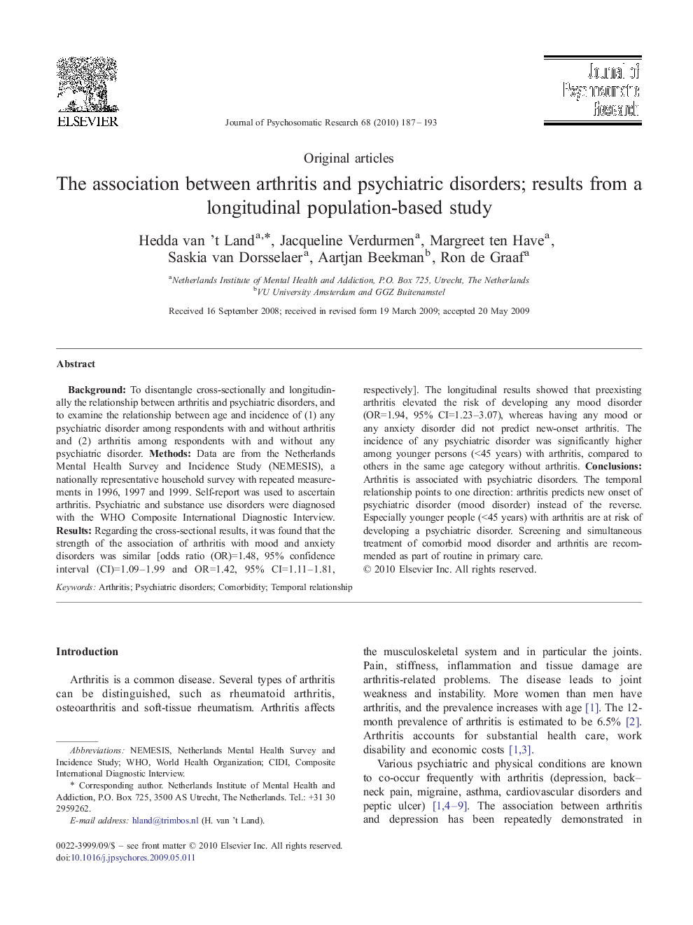 The association between arthritis and psychiatric disorders; results from a longitudinal population-based study