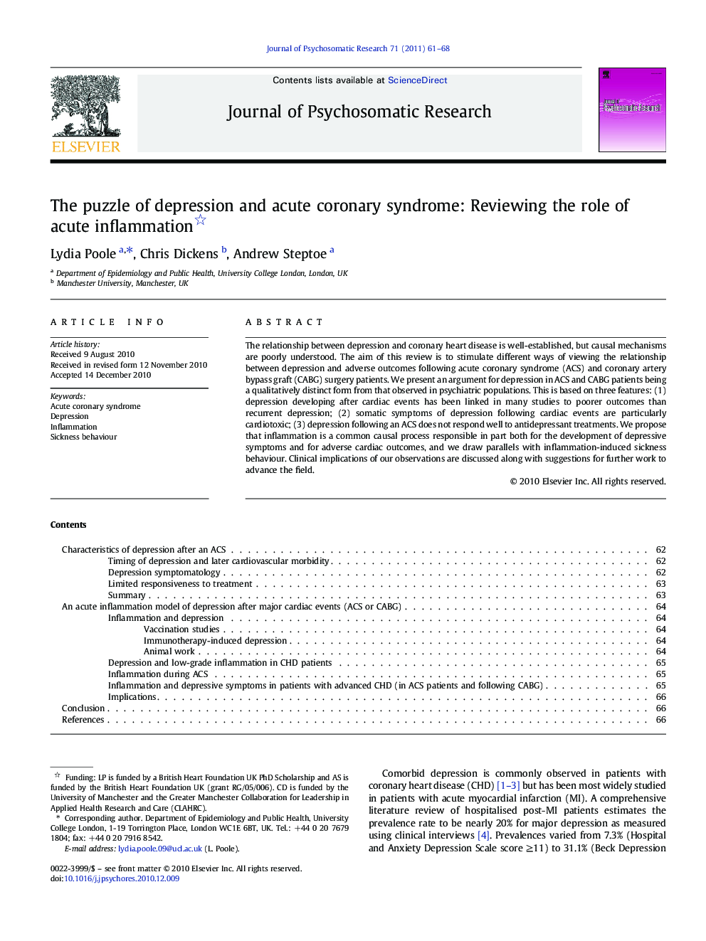 The puzzle of depression and acute coronary syndrome: Reviewing the role of acute inflammation