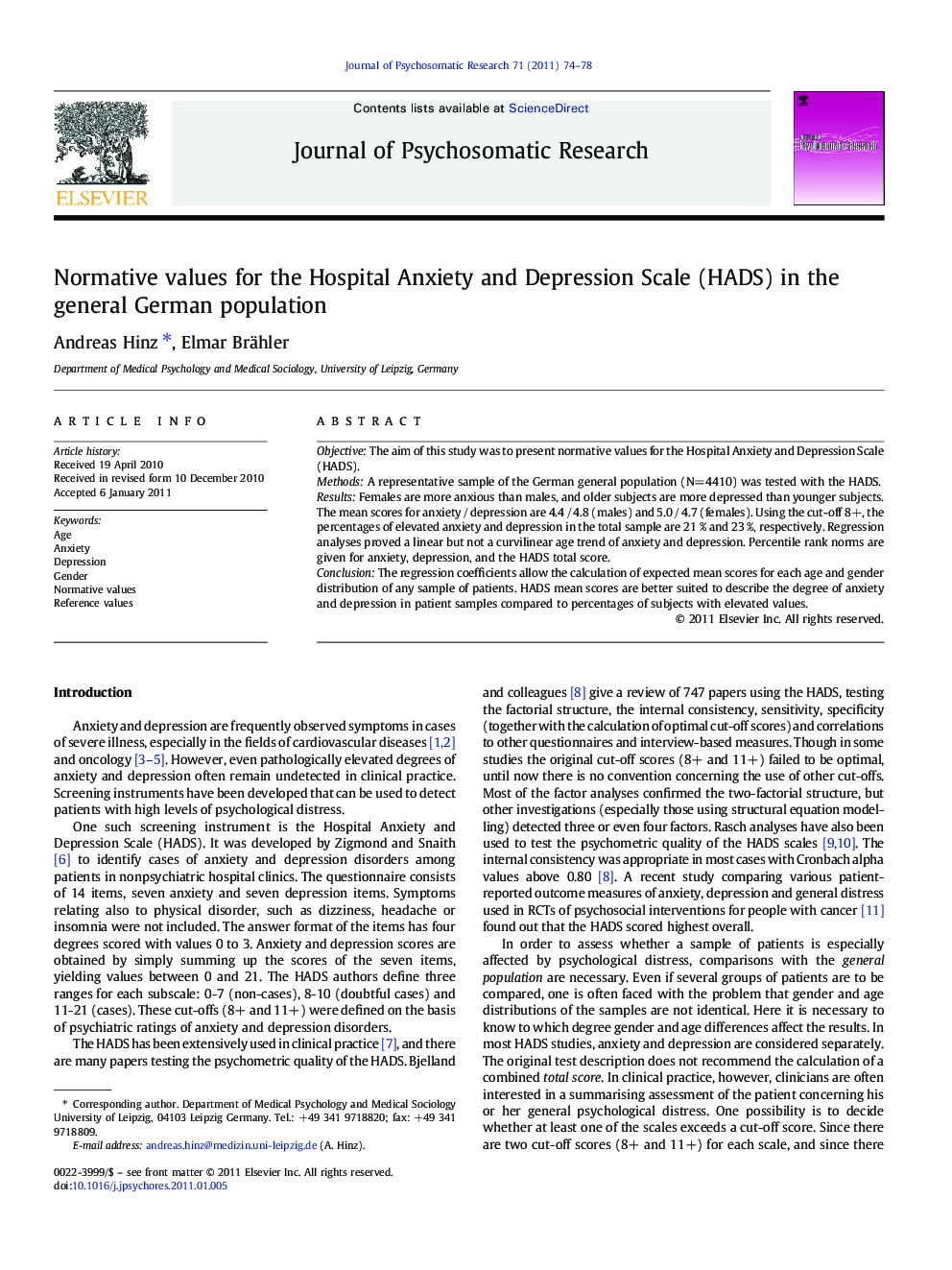 Normative values for the Hospital Anxiety and Depression Scale (HADS) in the general German population