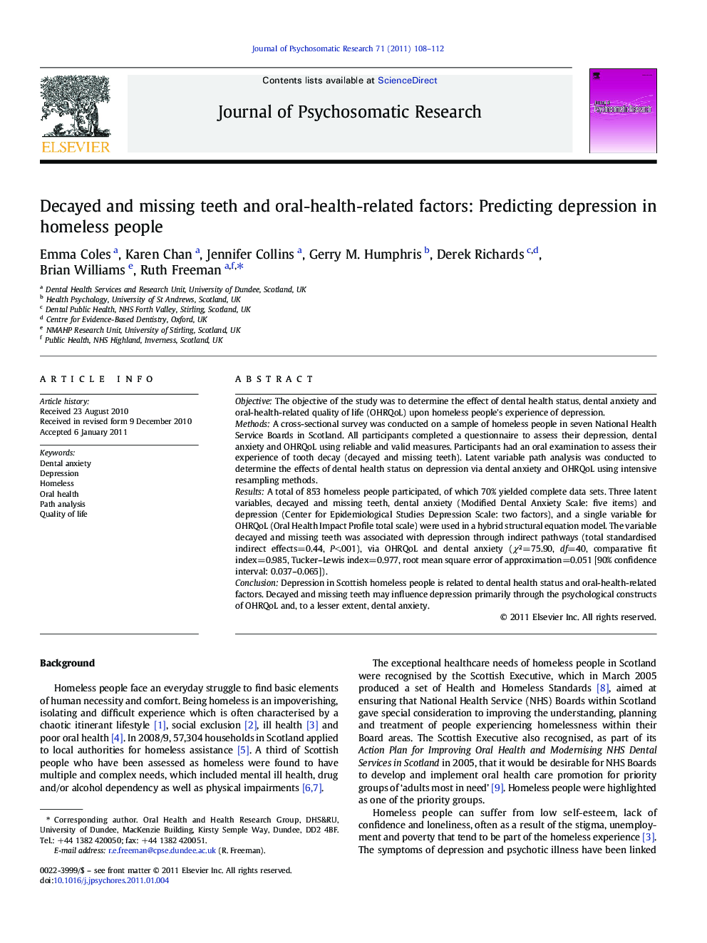 Decayed and missing teeth and oral-health-related factors: Predicting depression in homeless people