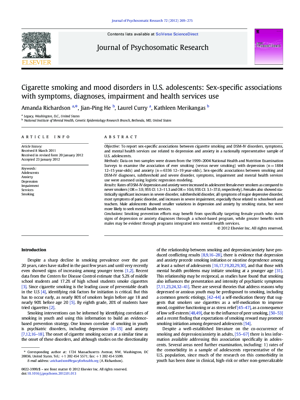 Cigarette smoking and mood disorders in U.S. adolescents: Sex-specific associations with symptoms, diagnoses, impairment and health services use