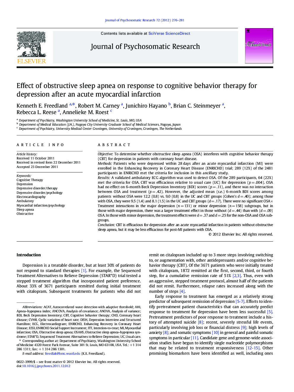 Effect of obstructive sleep apnea on response to cognitive behavior therapy for depression after an acute myocardial infarction