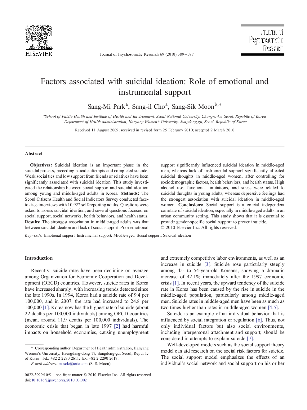 Factors associated with suicidal ideation: Role of emotional and instrumental support