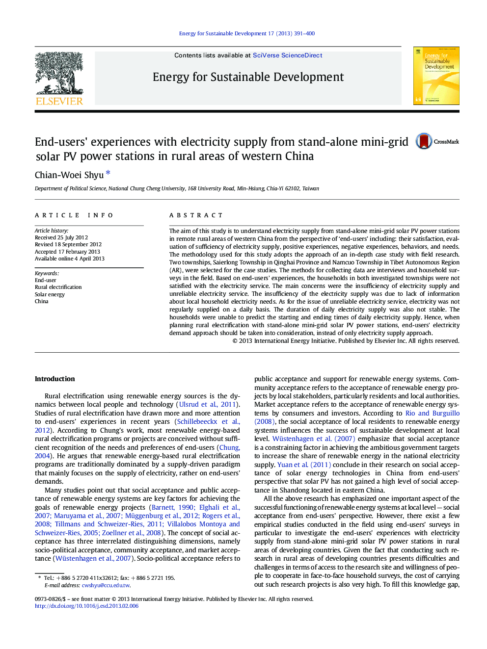 End-users' experiences with electricity supply from stand-alone mini-grid solar PV power stations in rural areas of western China