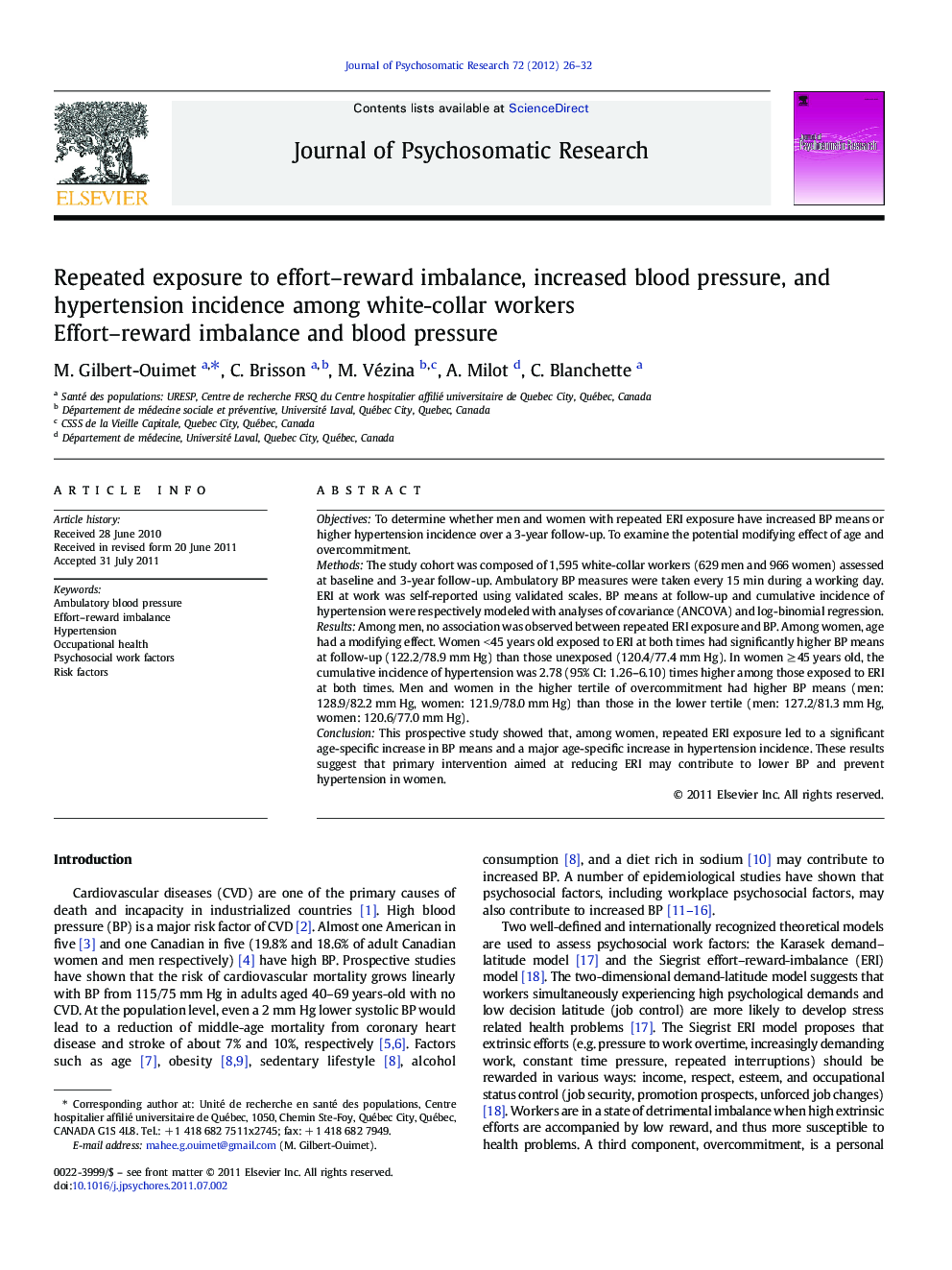 Repeated exposure to effort-reward imbalance, increased blood pressure, and hypertension incidence among white-collar workers