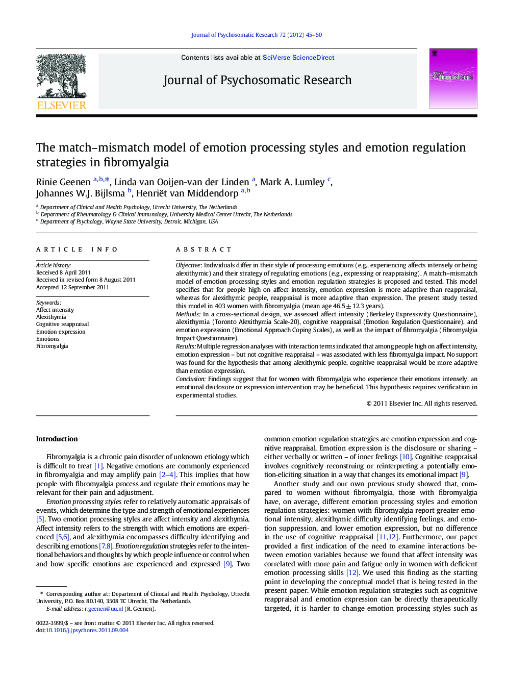 The match-mismatch model of emotion processing styles and emotion regulation strategies in fibromyalgia