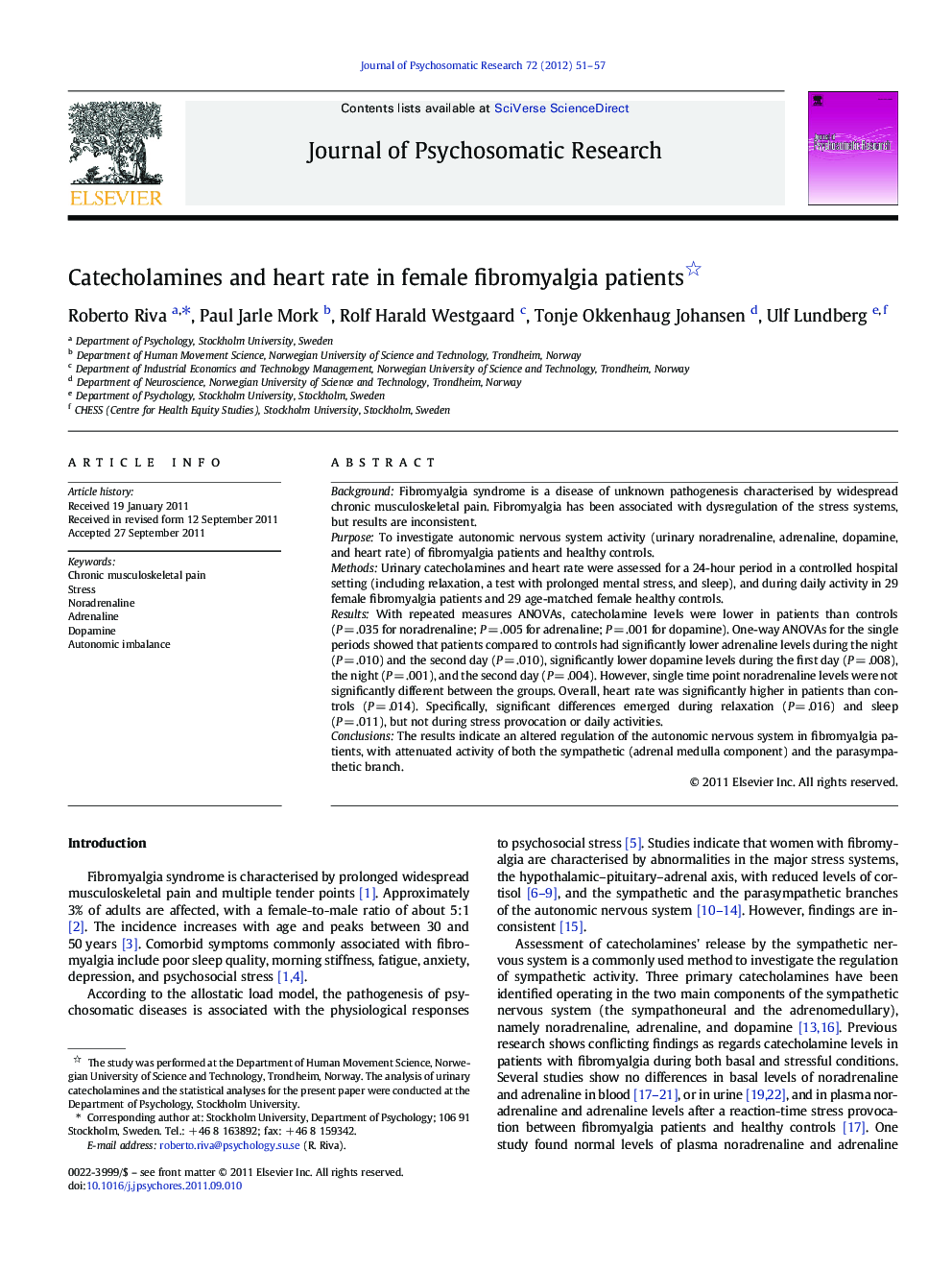 Catecholamines and heart rate in female fibromyalgia patients