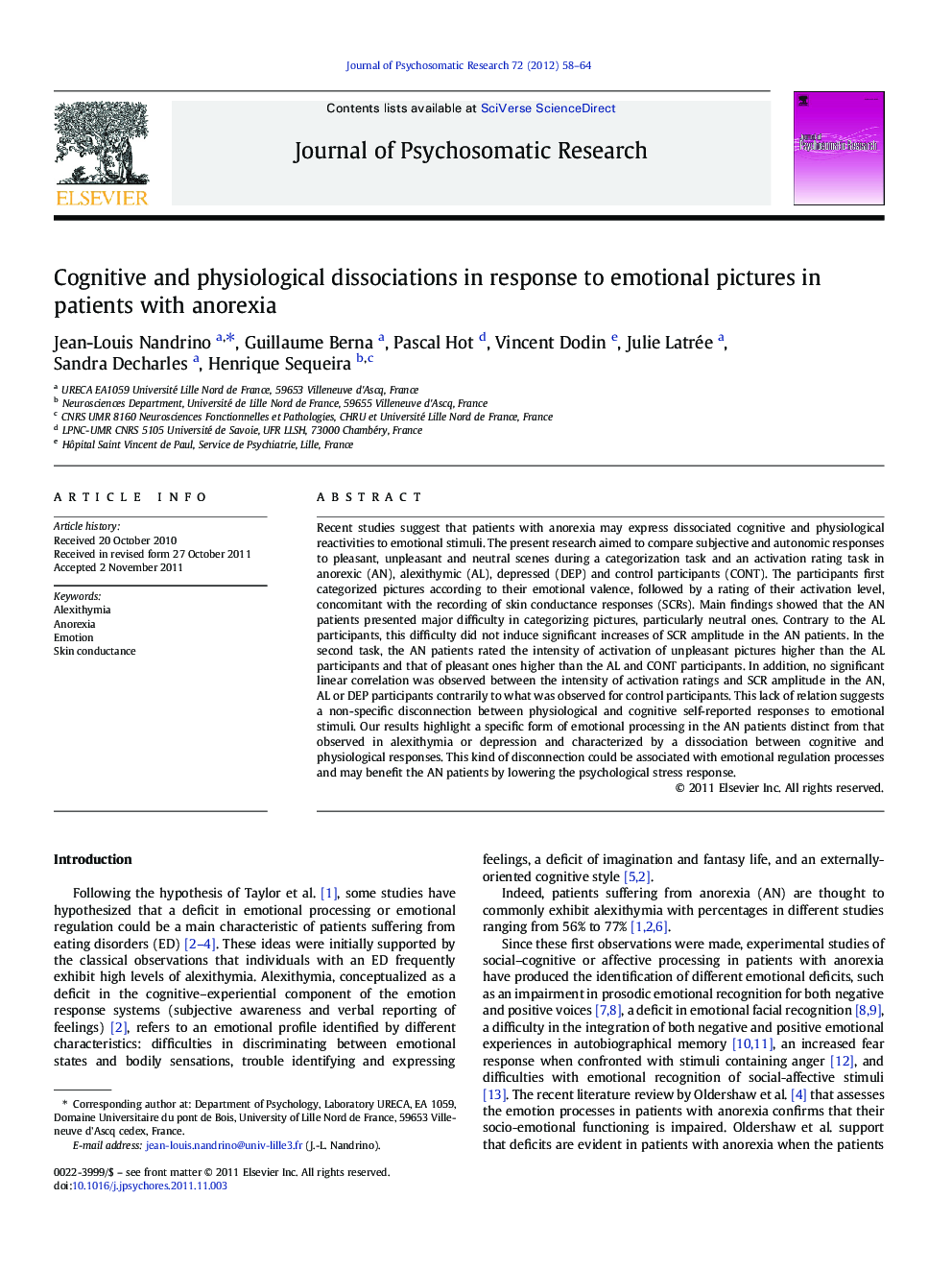 Cognitive and physiological dissociations in response to emotional pictures in patients with anorexia