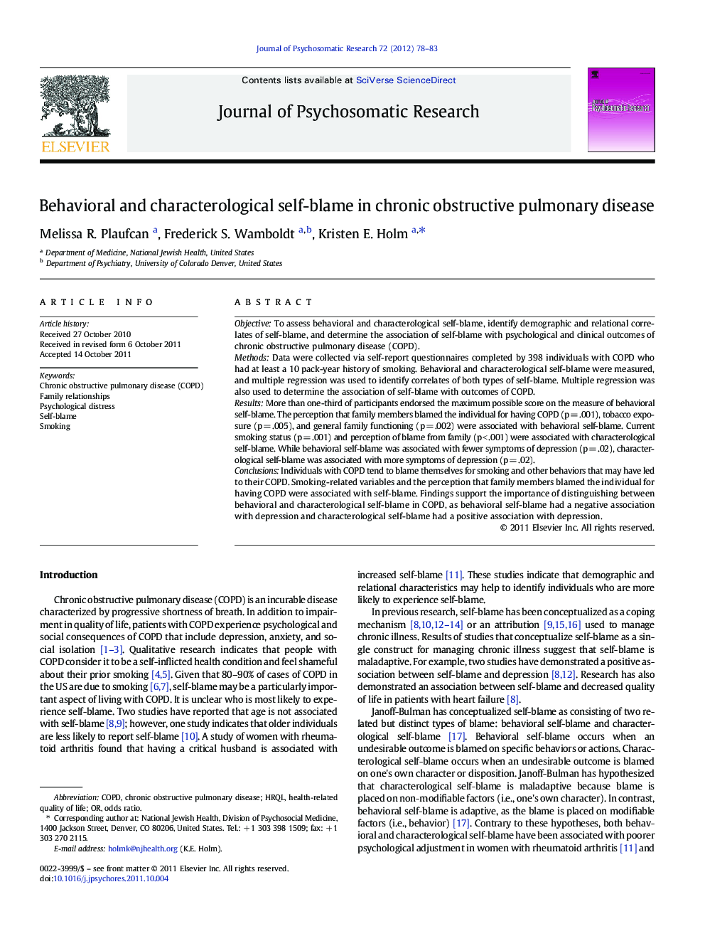 Behavioral and characterological self-blame in chronic obstructive pulmonary disease