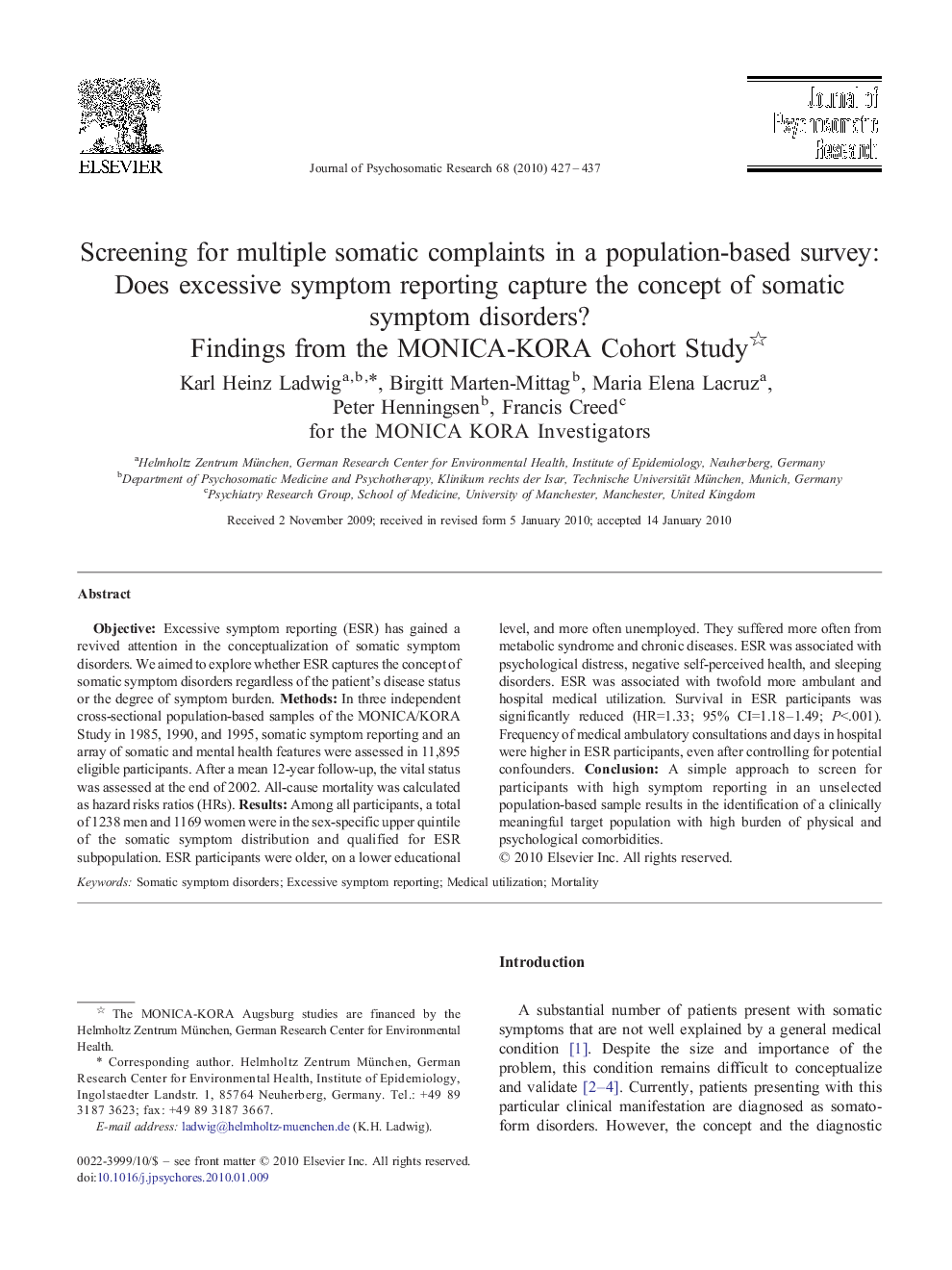 Screening for multiple somatic complaints in a population-based survey: Does excessive symptom reporting capture the concept of somatic symptom disorders?