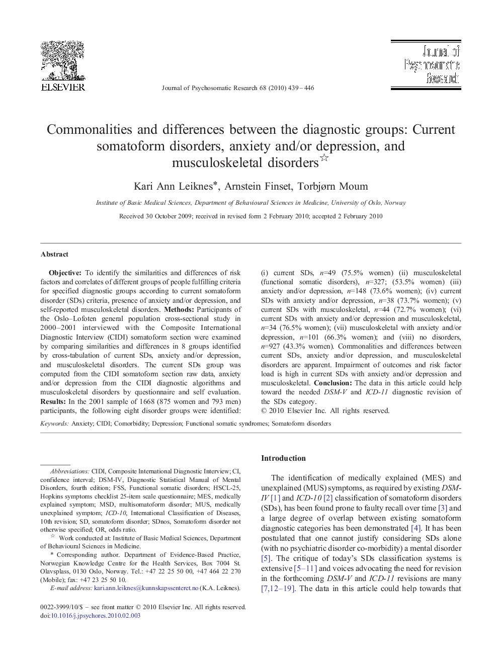 Commonalities and differences between the diagnostic groups: Current somatoform disorders, anxiety and/or depression, and musculoskeletal disorders