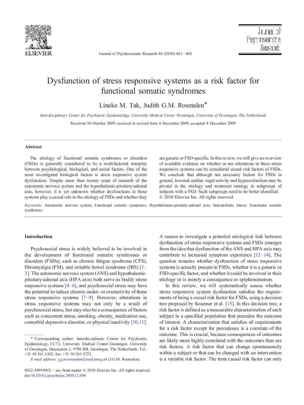 Dysfunction of stress responsive systems as a risk factor for functional somatic syndromes