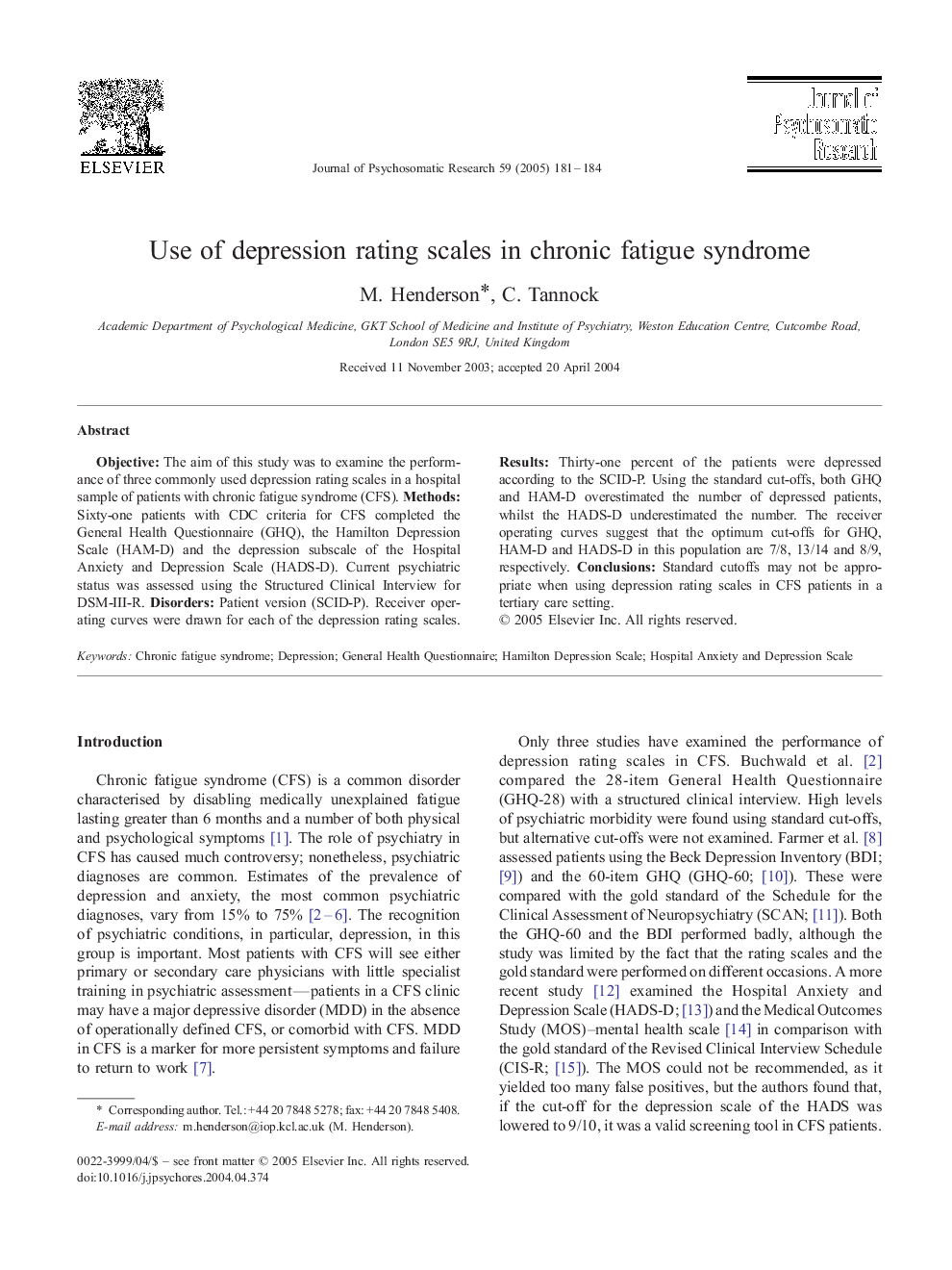 Use of depression rating scales in chronic fatigue syndrome