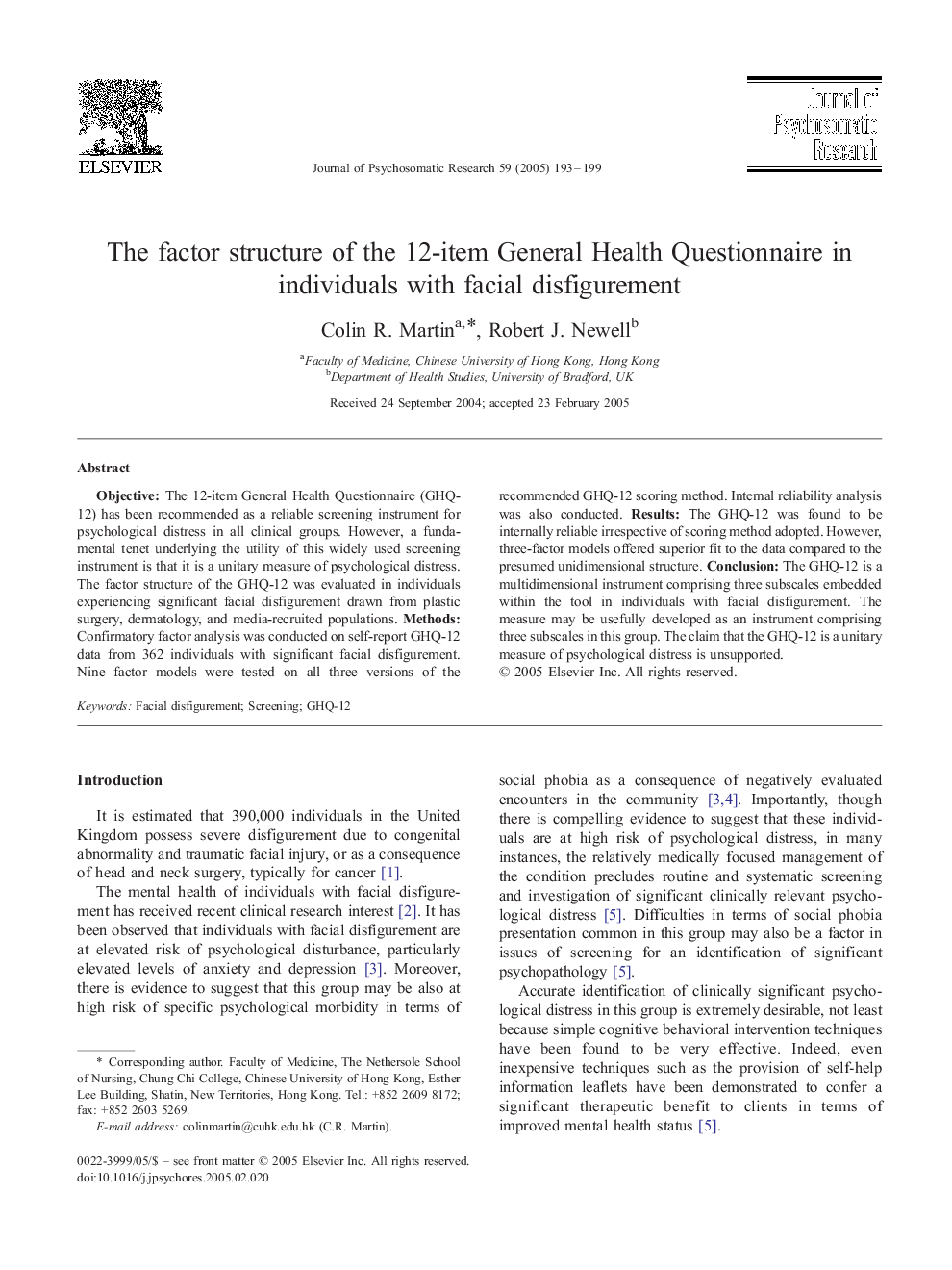 The factor structure of the 12-item General Health Questionnaire in individuals with facial disfigurement